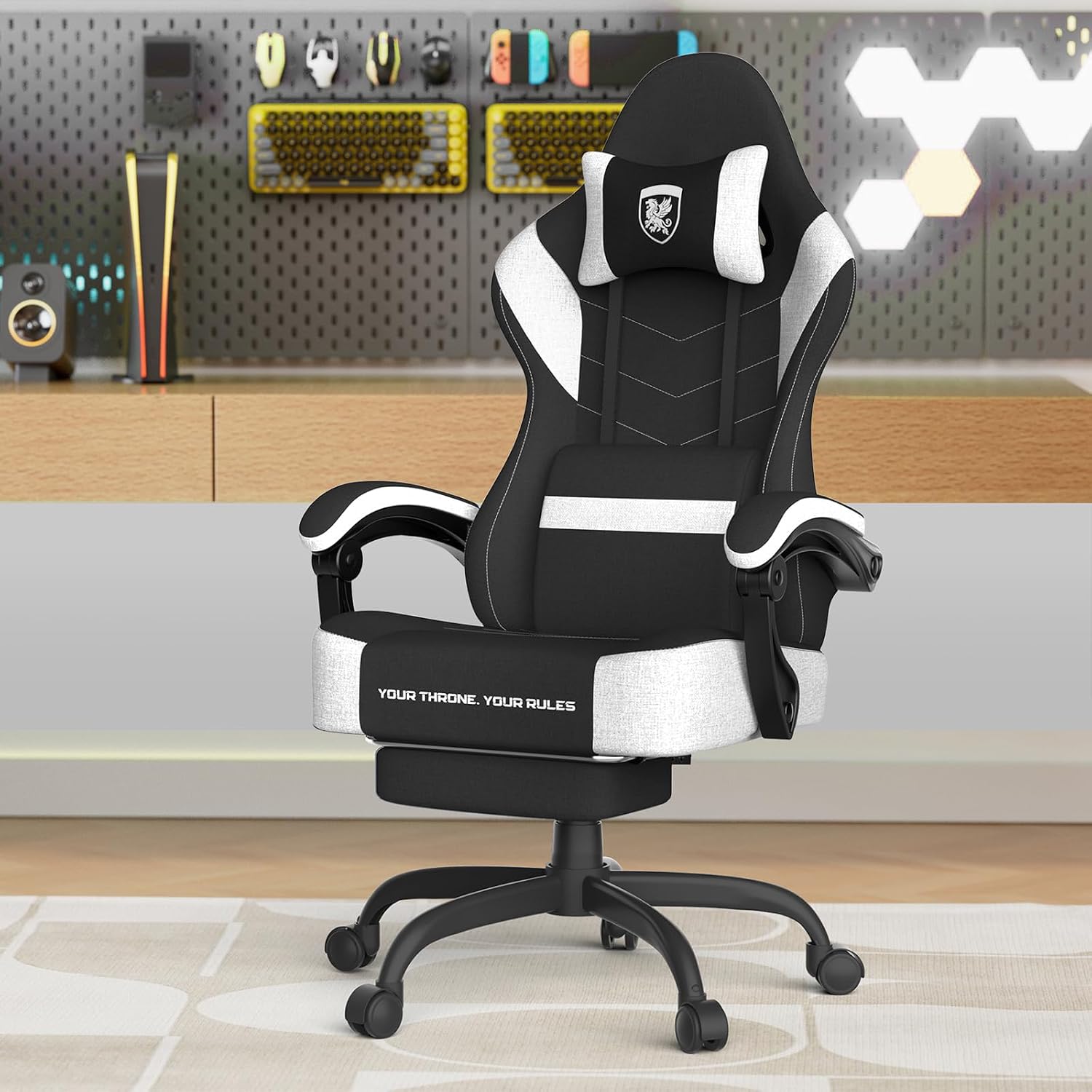 Soontrans Linen Fabric Ergonomic Black Gaming Chair with Massage Lumbar Pillow, Computer Chair with Wide Seat 20',Gamer Chair with Adjustable Headrest, Comfortable Office Chair for Home & Gaming