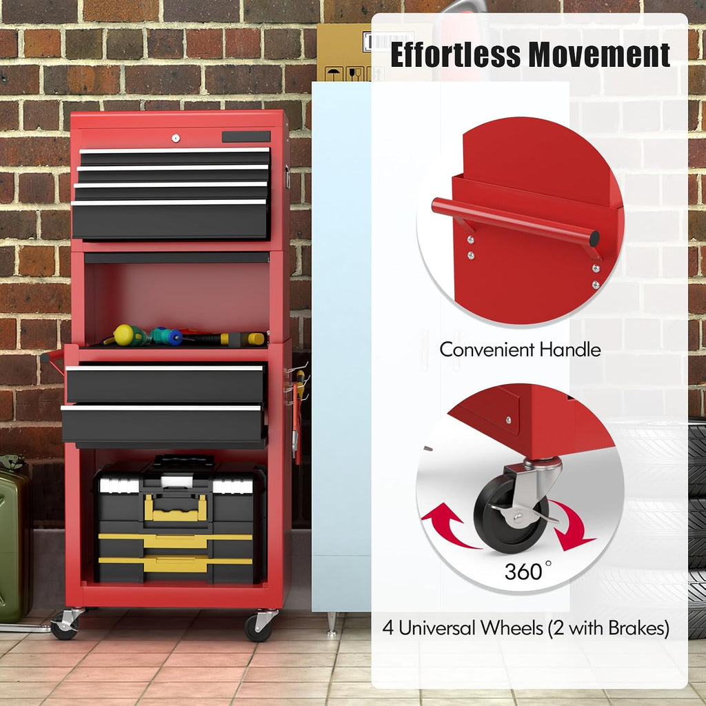 S AFSTAR 6-Drawer Rolling Tool Chest, High Capacity Tool Storage Cabinet with 4 Hooks, Locking System and Universal Wheels, 3-in-1 Detachable Toolbox for Garage, Workshop, Black and Red