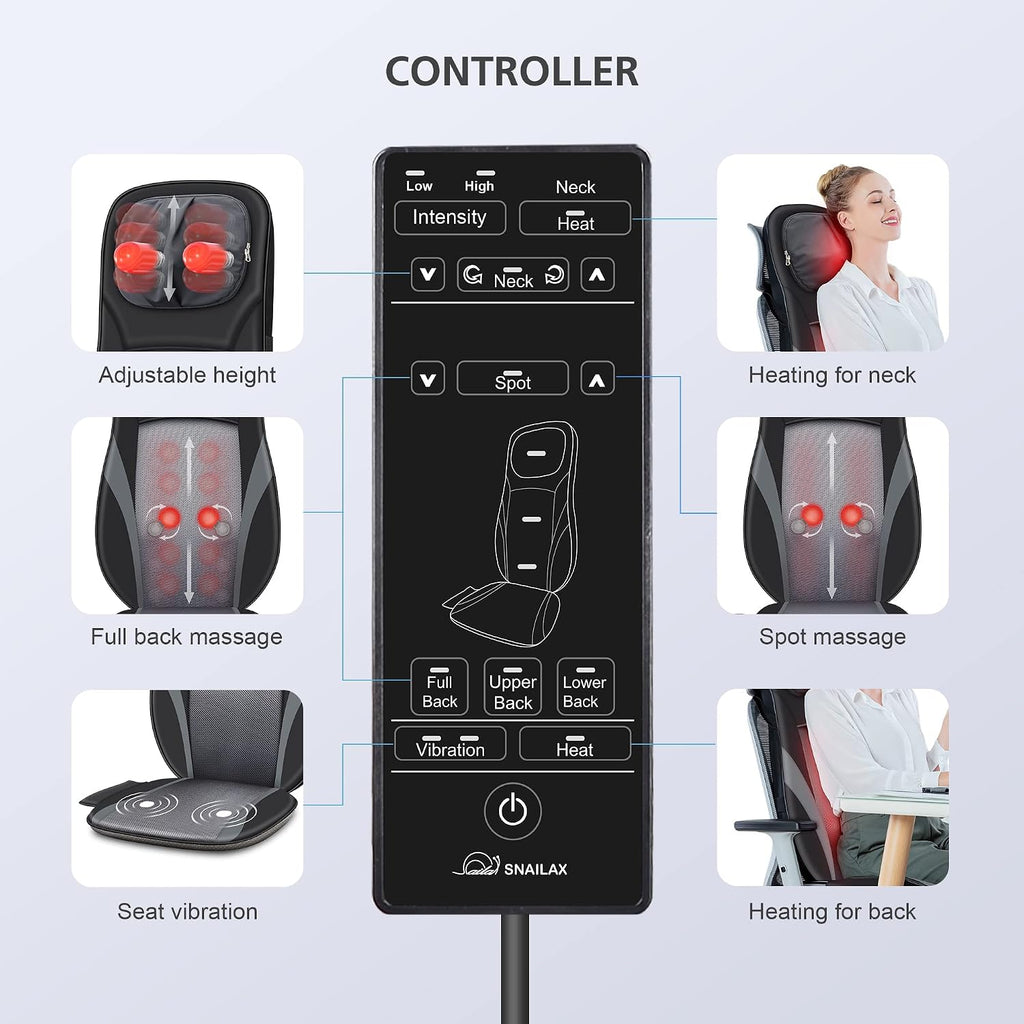 Snailax Shiatsu Back Massager with Heat -Deep Kneading Massage Chair Pad with Adjustable Intensity, Shiatsu Chair Massager to Relax Full Body Muscle，Gift for Mother
