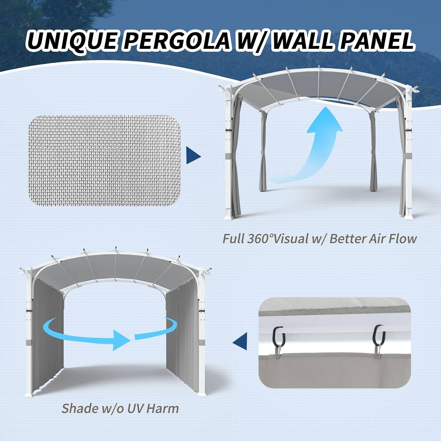11'x11' Patio Pergola Canopy with Full Closure Sidewalls, Outdoor Metal Gazebo Pergola with Privacy Curtains, Gray