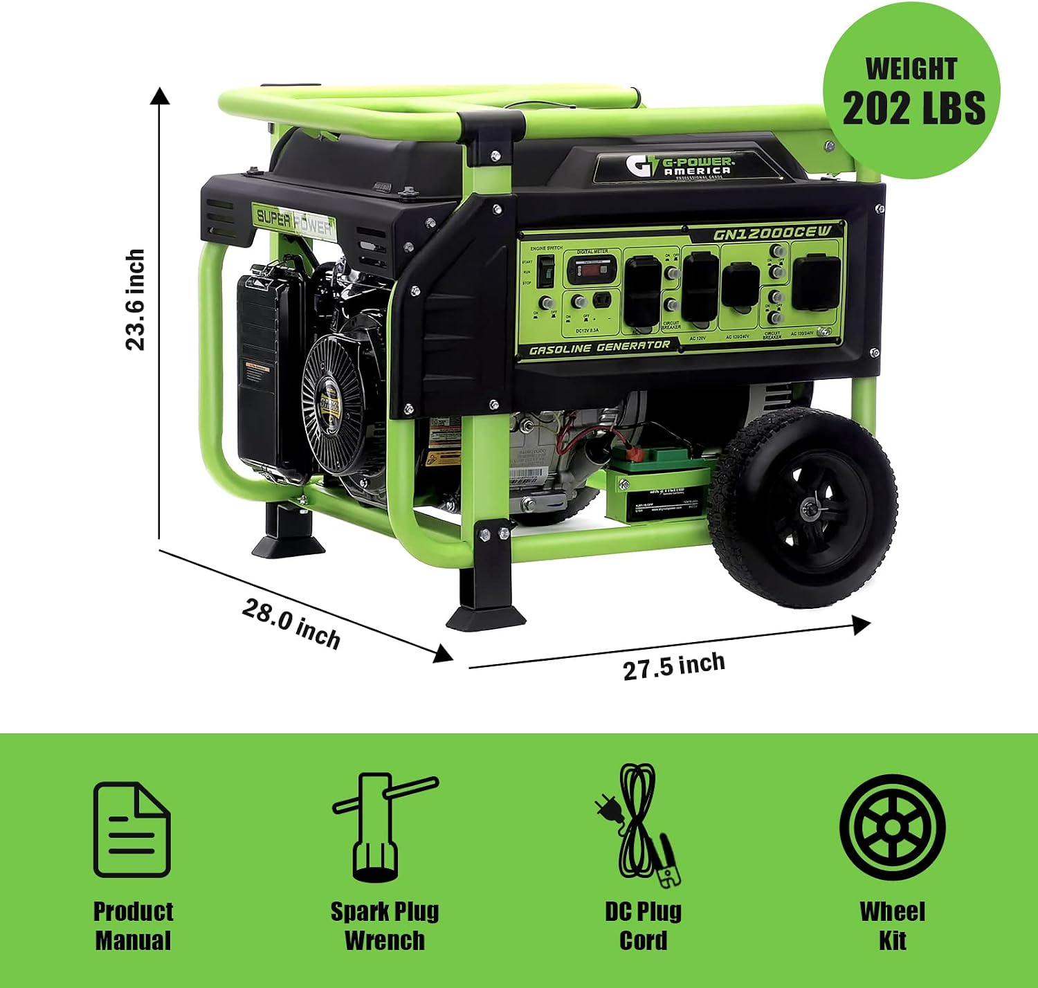 Green-Power America 12000 Watt Gasoline Powered Portable Generator, Recoil/Electric Start, 12V-8.3A Charging Outlets, Home Back Up & RV Ready, 49 State Approved