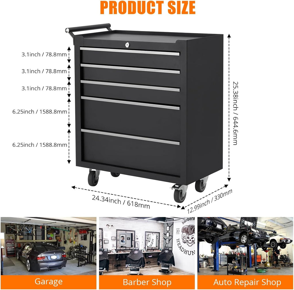 Toolbox with Five Drawers with Key Lock and Drawer Liner Removable on Wheels for garages, Warehouses, workshops and Repair Stores - Black