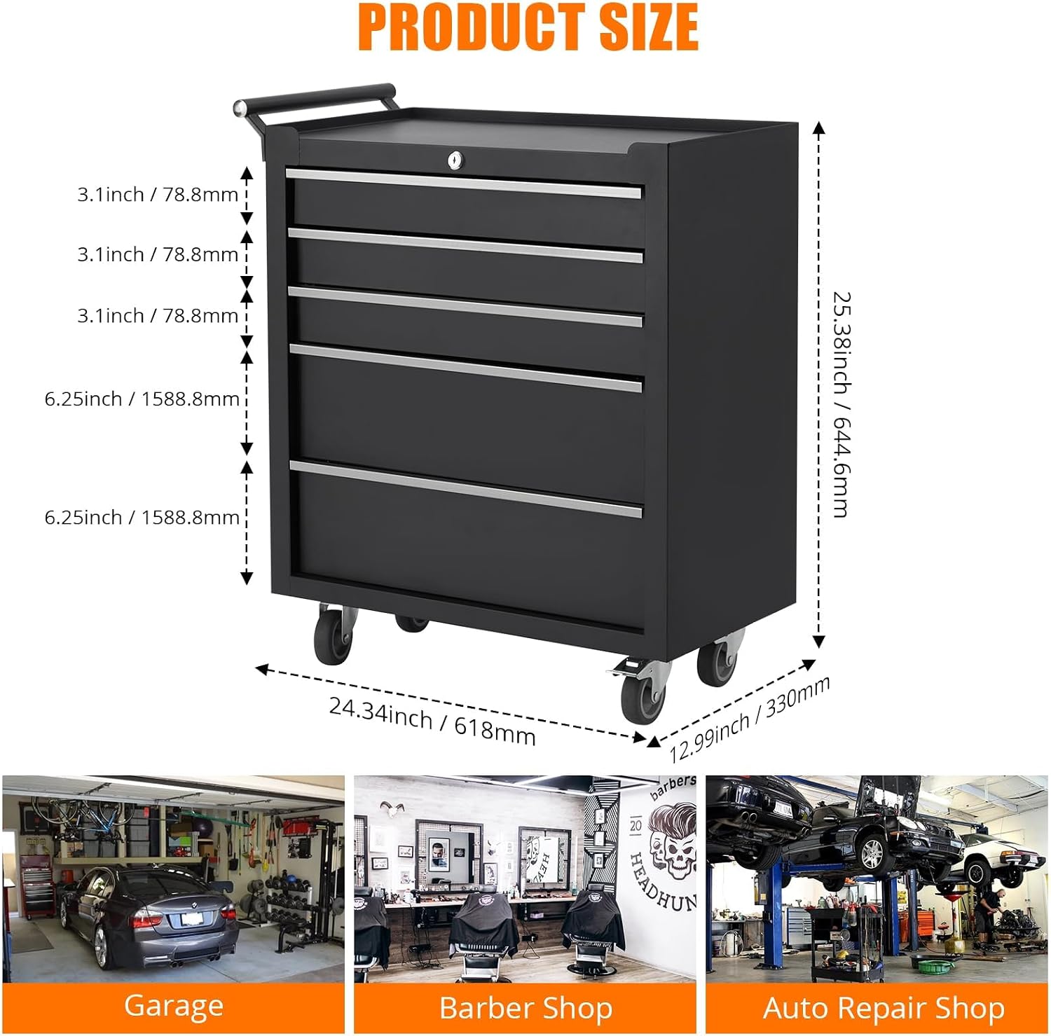 Toolbox with Five Drawers with Key Lock and Drawer Liner Removable on Wheels for garages, Warehouses, workshops and Repair Stores - Black