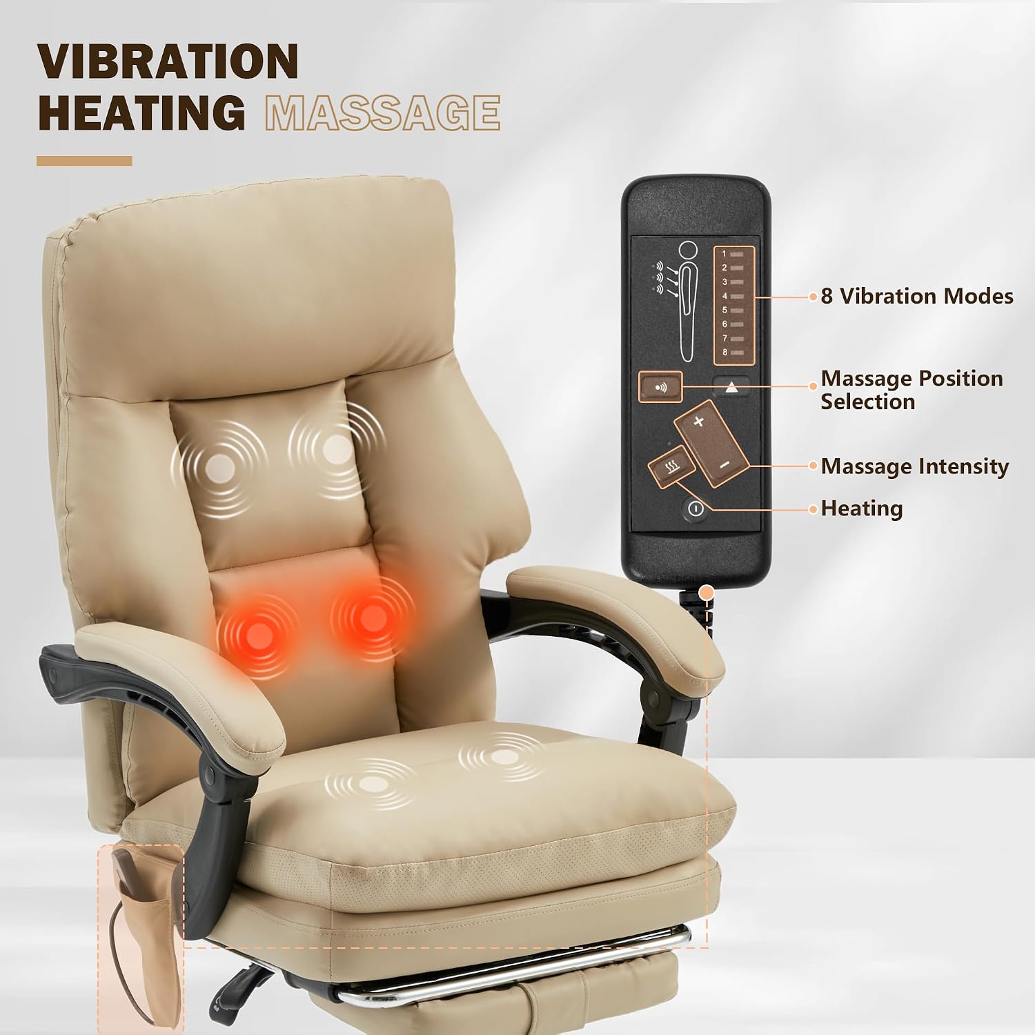 HOMREST Ergonomic Office Chair with 6-Point Massage & Heating, Adjustable Executive Desk Chair with Retractable Footrest, PU Leather Home Office Desk Chair for Home & Office (Khaki)