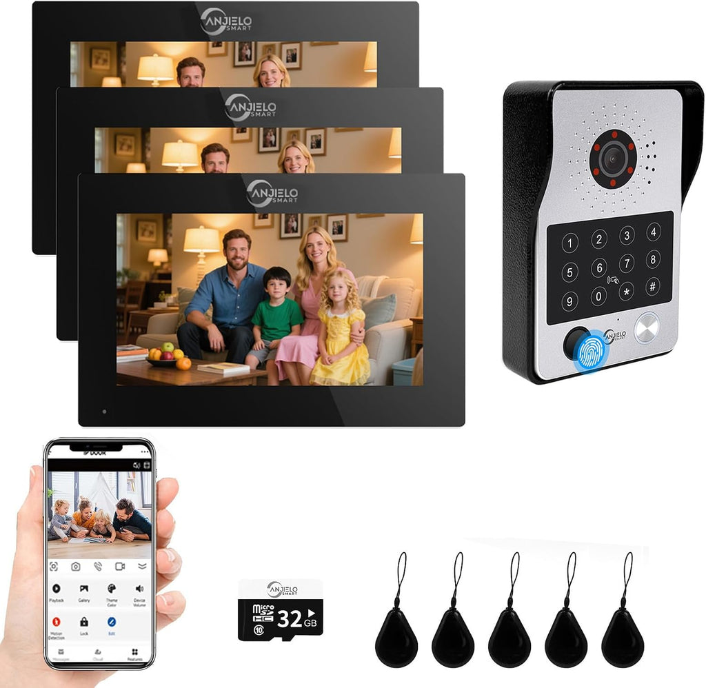 7-Inch Smart Video Intercom System,1080P HD Wired Doorbell with Touchscreen Monitor,Fingerprint, RFID & PIN Unlock,Tuya Smart App Control,Ideal for Homes, Villas & Apartments (1 doorbell + 3 Monitor)