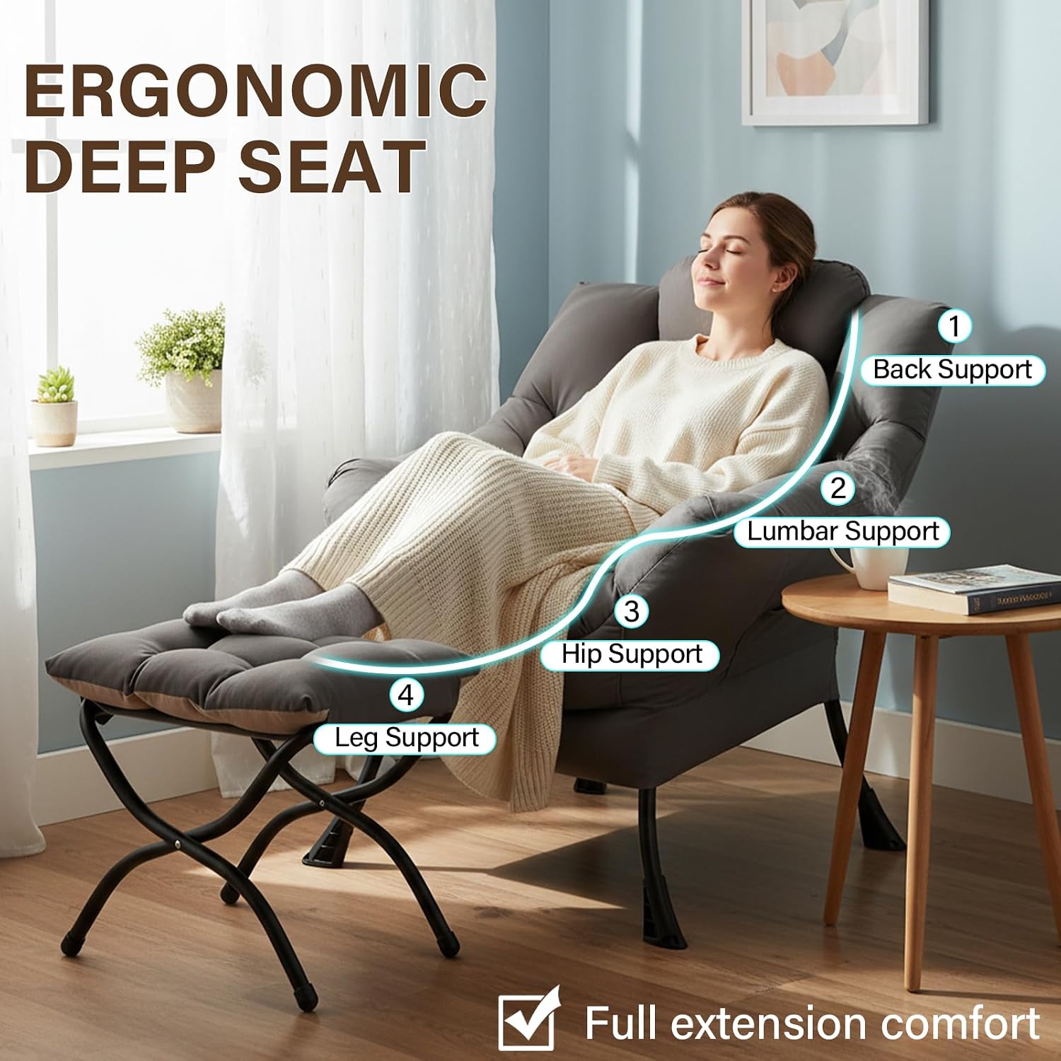 Welnow Lazy Chair with Ottoman, Modern Accent Chair with Armrests and a Side Pocket, Leisure Sofa Armchair Set, Reading Armchair with Footrest for Small Space, Light Grey