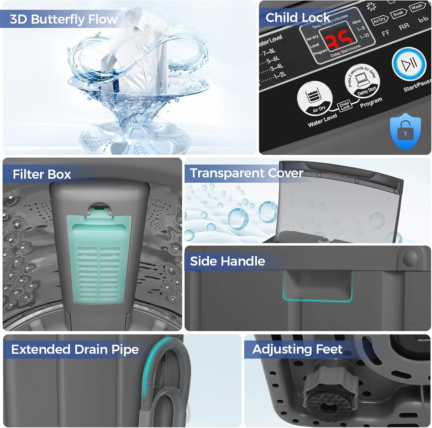 Nictemaw Portable Washing Machine, 20Lbs Capacity Full-Automatic Portable Washer Machine, 2.8Cu.ft Compact Laundry Machine with Drain Pump, 10 Programs & 8 Water Levels for Apartment Dorm RV