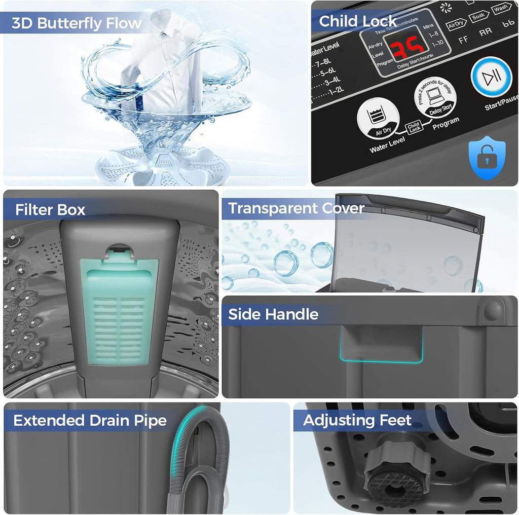 Nictemaw Portable Washing Machine, 20Lbs Capacity Full-Automatic Portable Washer, 2.8Cu.ft Washer and Dryer Combo with Drain Pump, LED Display, 10 Programs & 8 Water Levels for Apartment Dorm RV