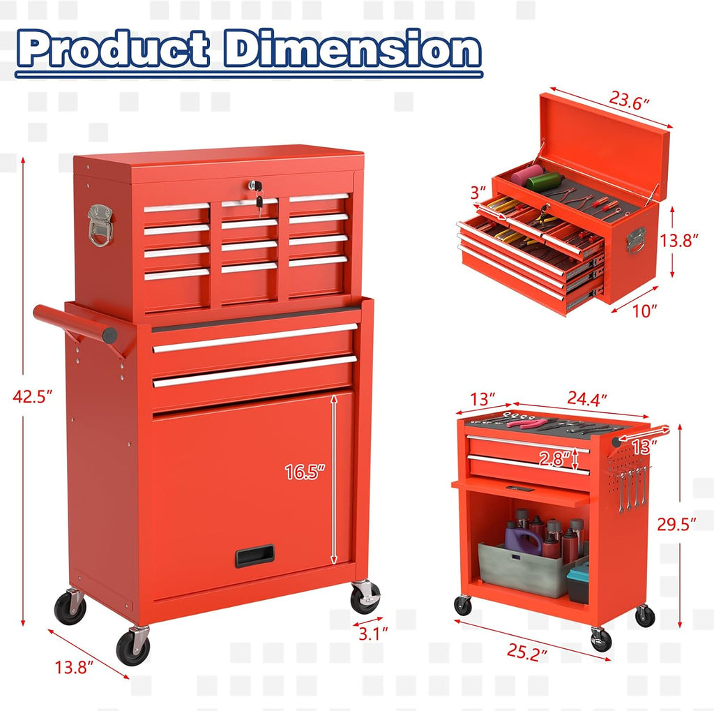 Rolling Tool Box with Wheels, 8-Drawer High Capacity Tool Chest with Wheels, Removable Storage Toolbox with Lock for Garage, Workshop (Red)