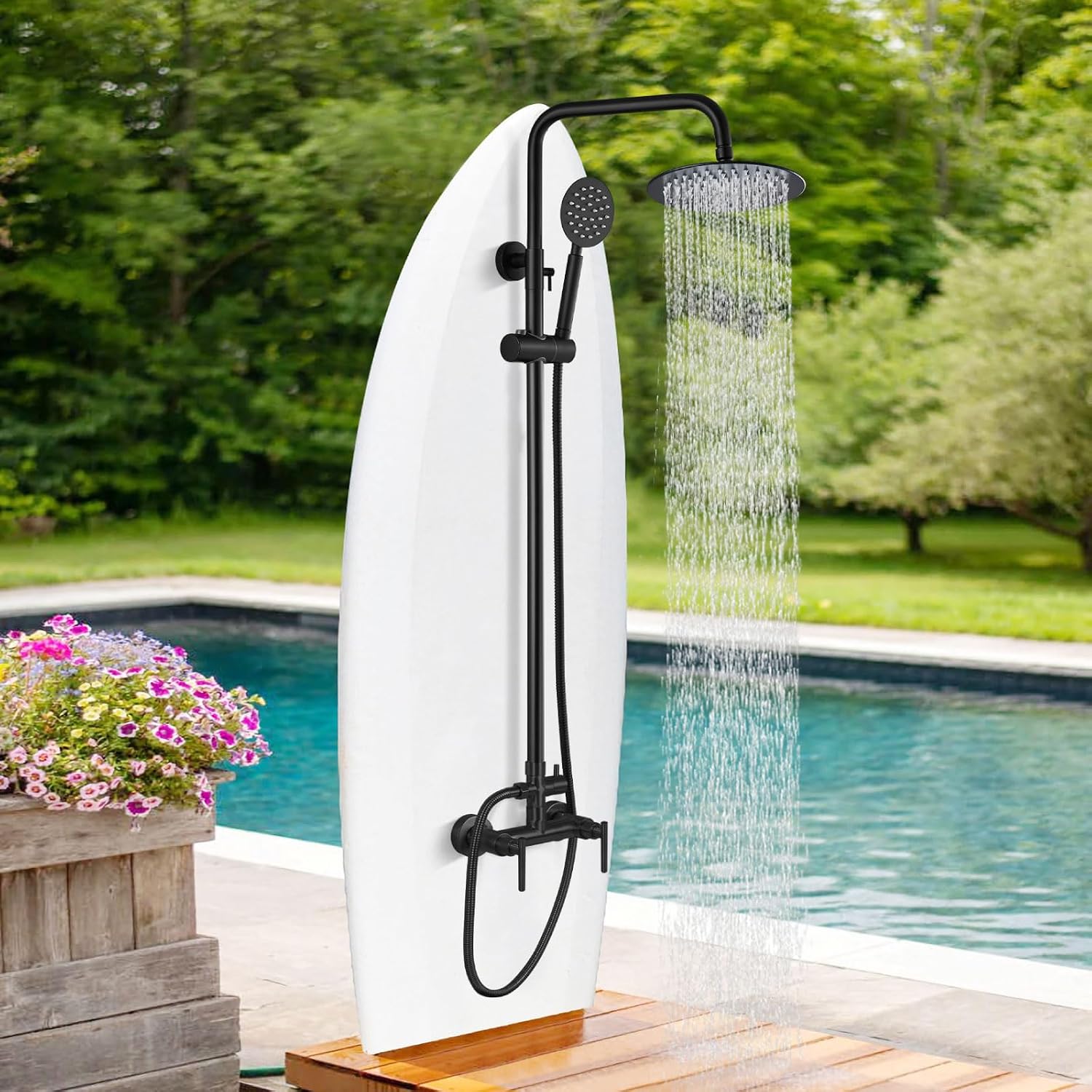gotonovo SUS304 Outdoor Shower Fixture High Pressure Shower System Combo Wall Mount 2 Dual Function Shower Faucet Set Round Handheld Spray Matte Black Double Lever Handle