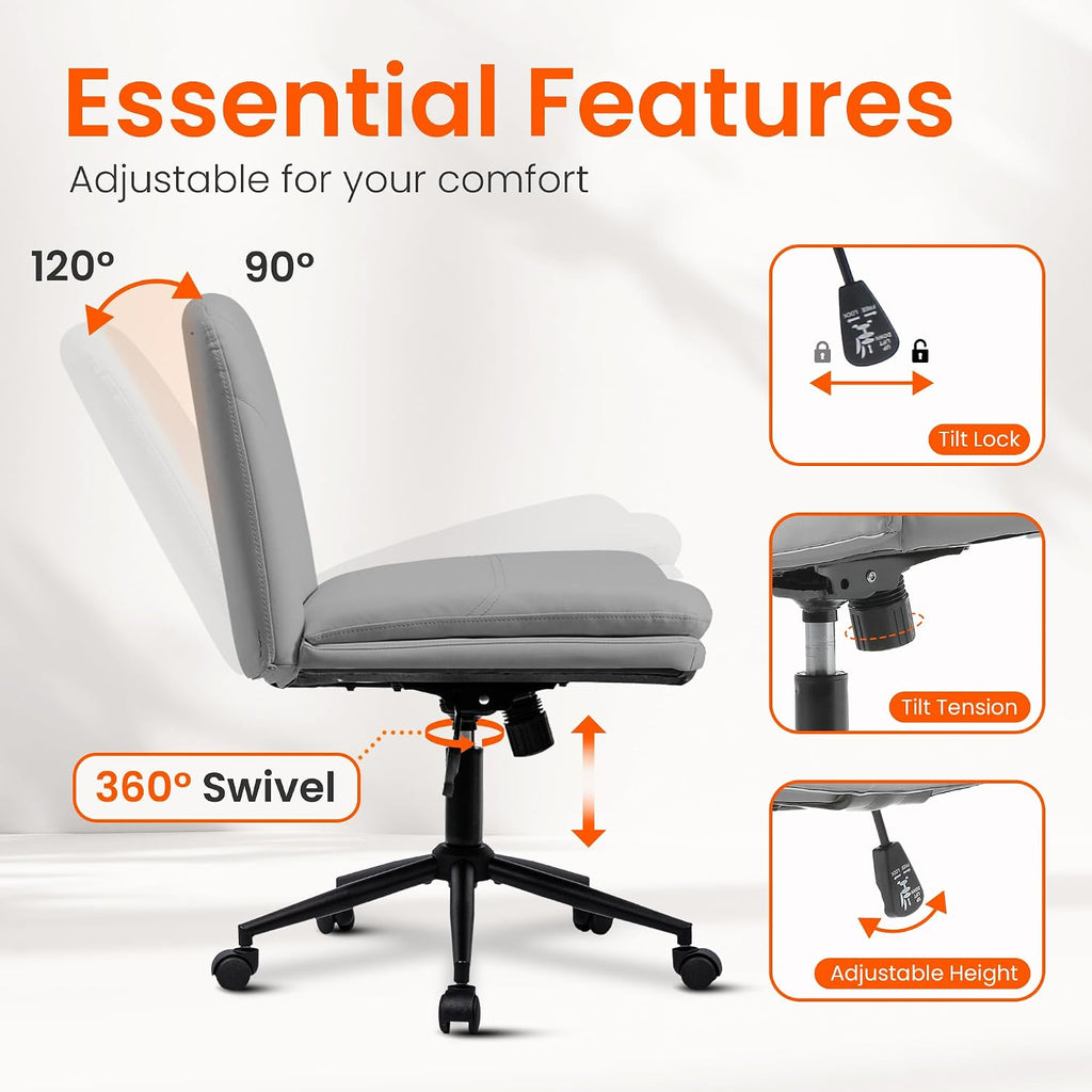 Orange Factory Criss Cross Chair with Wheels Comfy Wide Vanity Desk Chair Dual Base Leather Armless Adjustable Swivel for Home Computer Task (Grey Pu, Faux Leather)