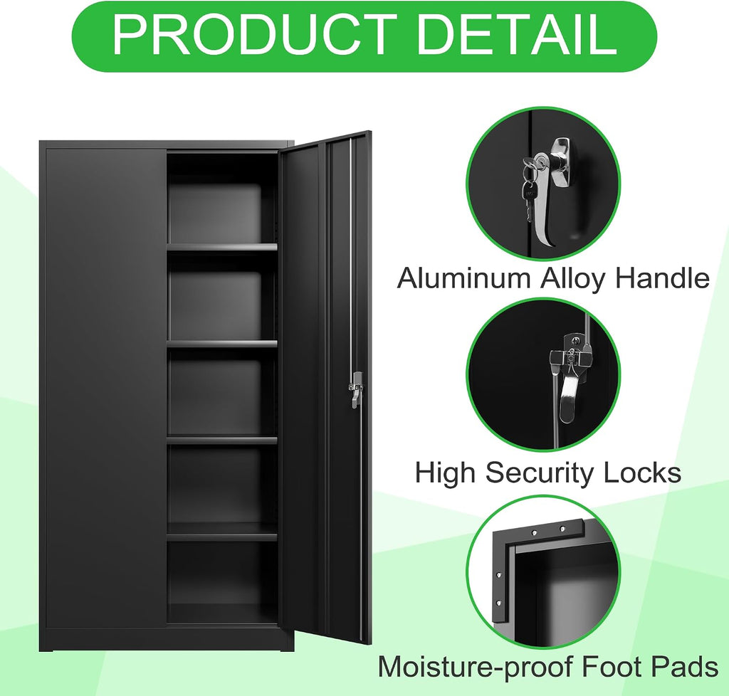 Locking Metal Storage Cabinet with 2 Door and 4 Adjustable Shelves, Black Lockable Garage Storage Cabinet for Home, Office, Utility Room, H70.87×W35.43×D17.72