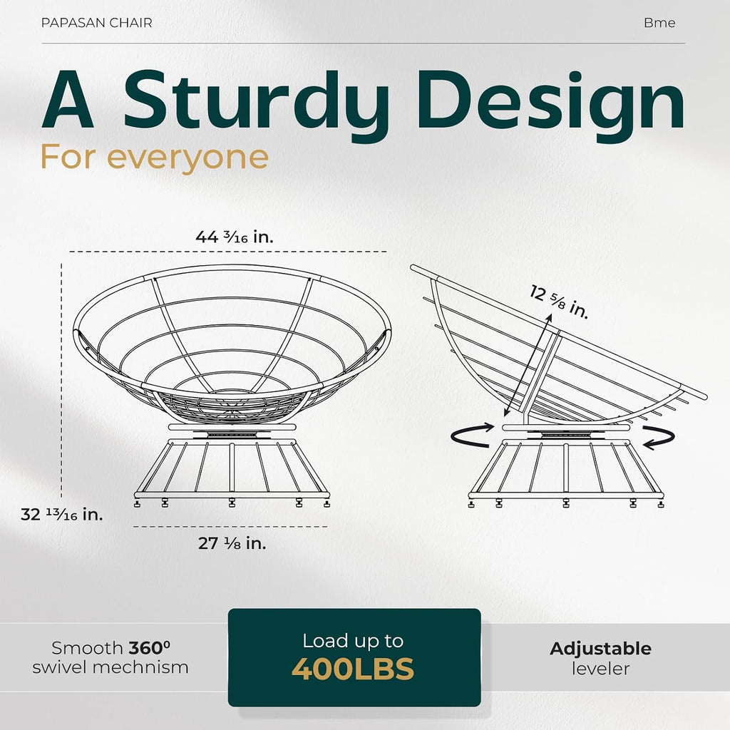 Bme 46' Large Size Ergonomic Wicker Papasan Chair with Soft Thick Density Fabric Cushion, Bee-Designed Base, High Capacity Steel Frame, 360 Degree Swivel for Living, Bedroom,...