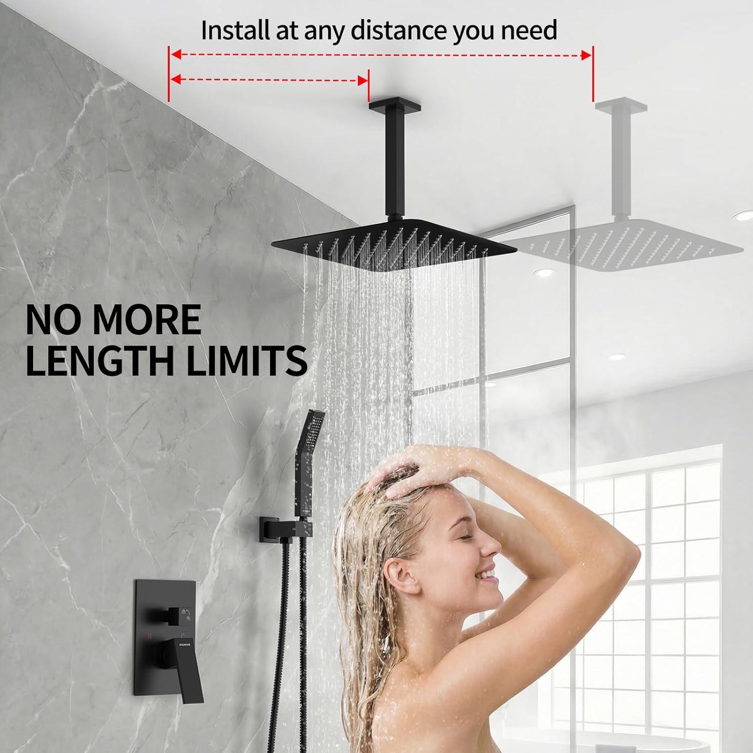 SR SUN RISE 12 Inch Ceiling Mount Matte Black Shower System Bathroom Luxury Rain Mixer Shower Faucet Set Ceiling Rainfall Shower Head System Faucet Trim Repair Kits Rough-in Valve and Trim Included