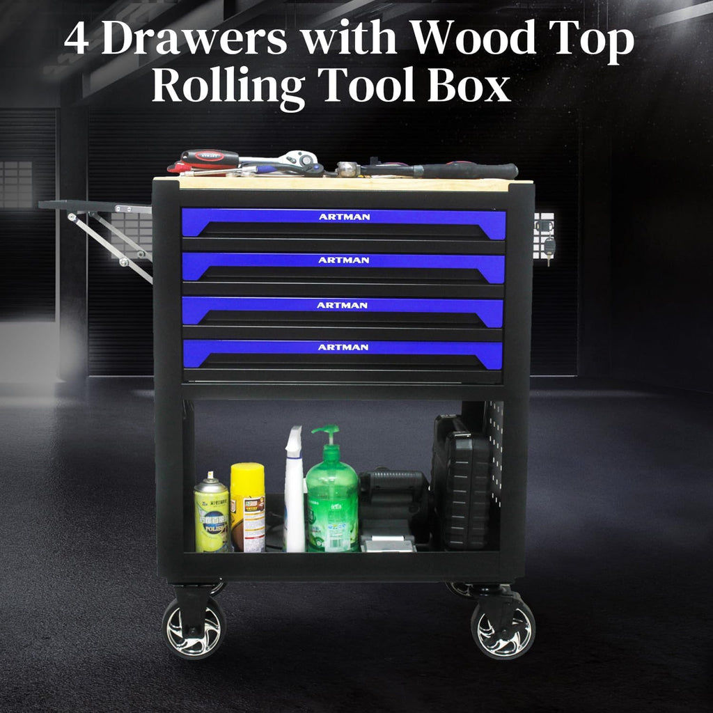 Rolling Tool Cart with 4-Drawer Wood Top Utility Tool Chest on Wheels Mechanic Tool Storage Organizer Cabinet for Garage, Warehouse, Workshop, Repair Shop (Blue)