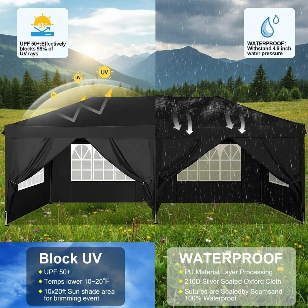 COBIZI 10x20 Pop Up Canopy Tent Commercial Instant Shelter with 6 Sidewalls, Durable Waterproof Portable Gazebo UPF 50+ for Outdoor Party, Wedding, Vendor Events (Black)