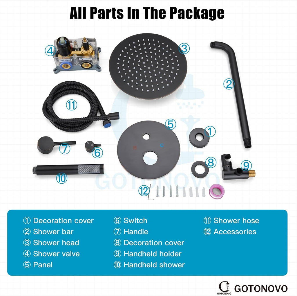 gotonovo Shower System 10 Inch Round Rainfall Showerhead Wall Mounted High Pressure Shower Faucet Set Fixture Combo with Rough in Valve and Cylindrical Handheld Spray, Oil Rubbed Bronze