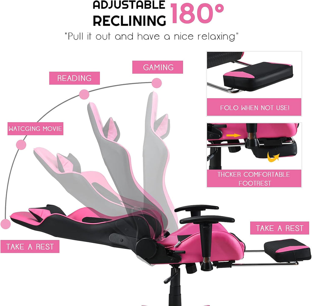 POWERSTONE Gaming Chair - Pink Gamer Chair with Footrest Racing Esports Computer Chair Massage Lumbar Support Leather Recliner