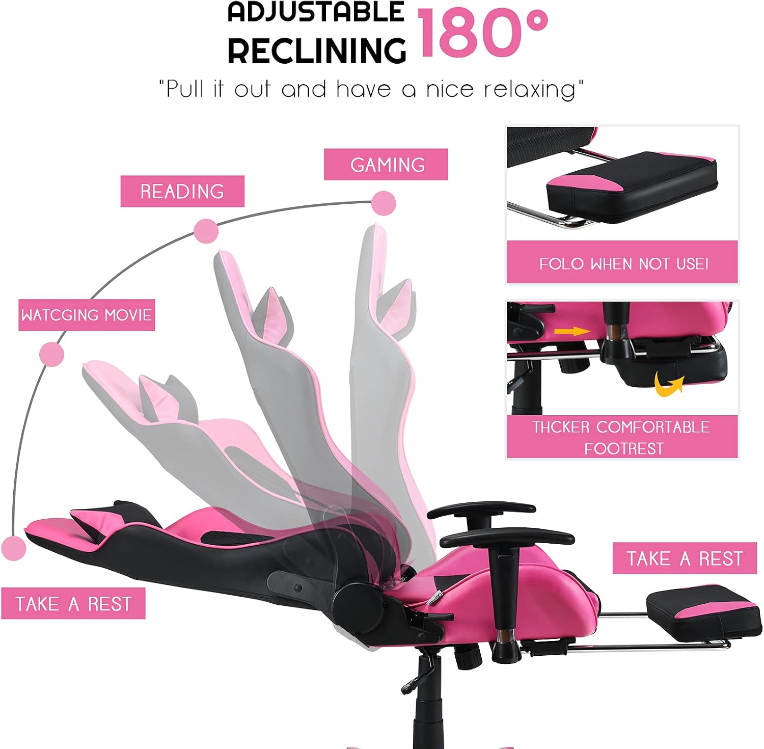 POWERSTONE Gaming Chair - Pink Gamer Chair with Footrest Racing Esports Computer Chair Massage Lumbar Support Leather Recliner