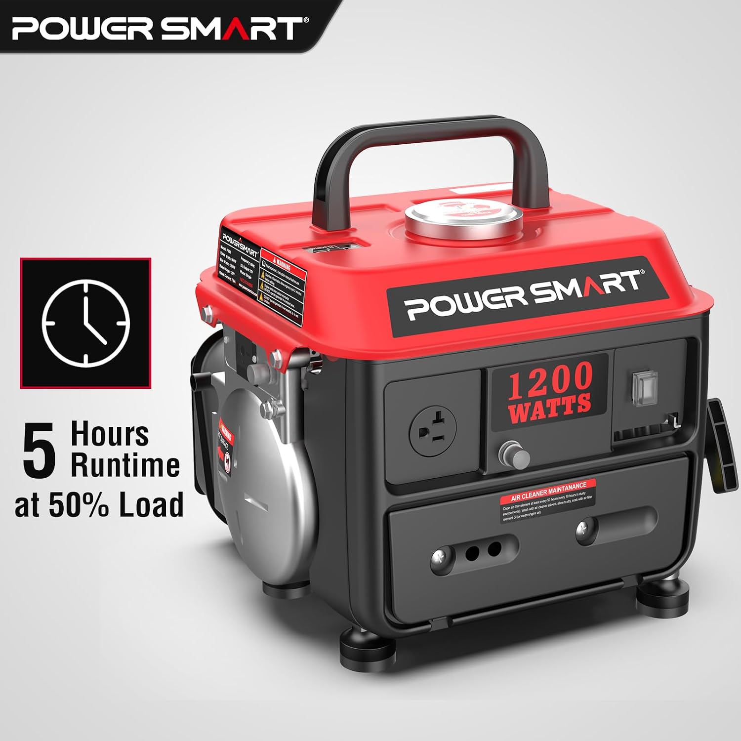 PowerSmart 1200W Portable Gasoline Generator, 71cc 2-Stroke Gas Powered Engine with 900W Rated Power, 50:1 Fuel Mix, 5-Hour Runtime at 50% Load, EPA Compliant for Camping, Tailgating