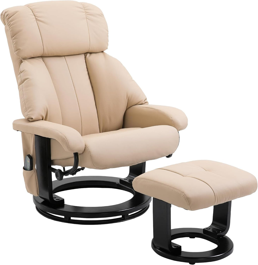 HOMCOM Massage Recliner Chair with Ottoman, 360° Swivel Recliner and Footstool, 10 Point Vibration, PU Leather Reclining Chair with Side Pocket and Remote Control, Beige
