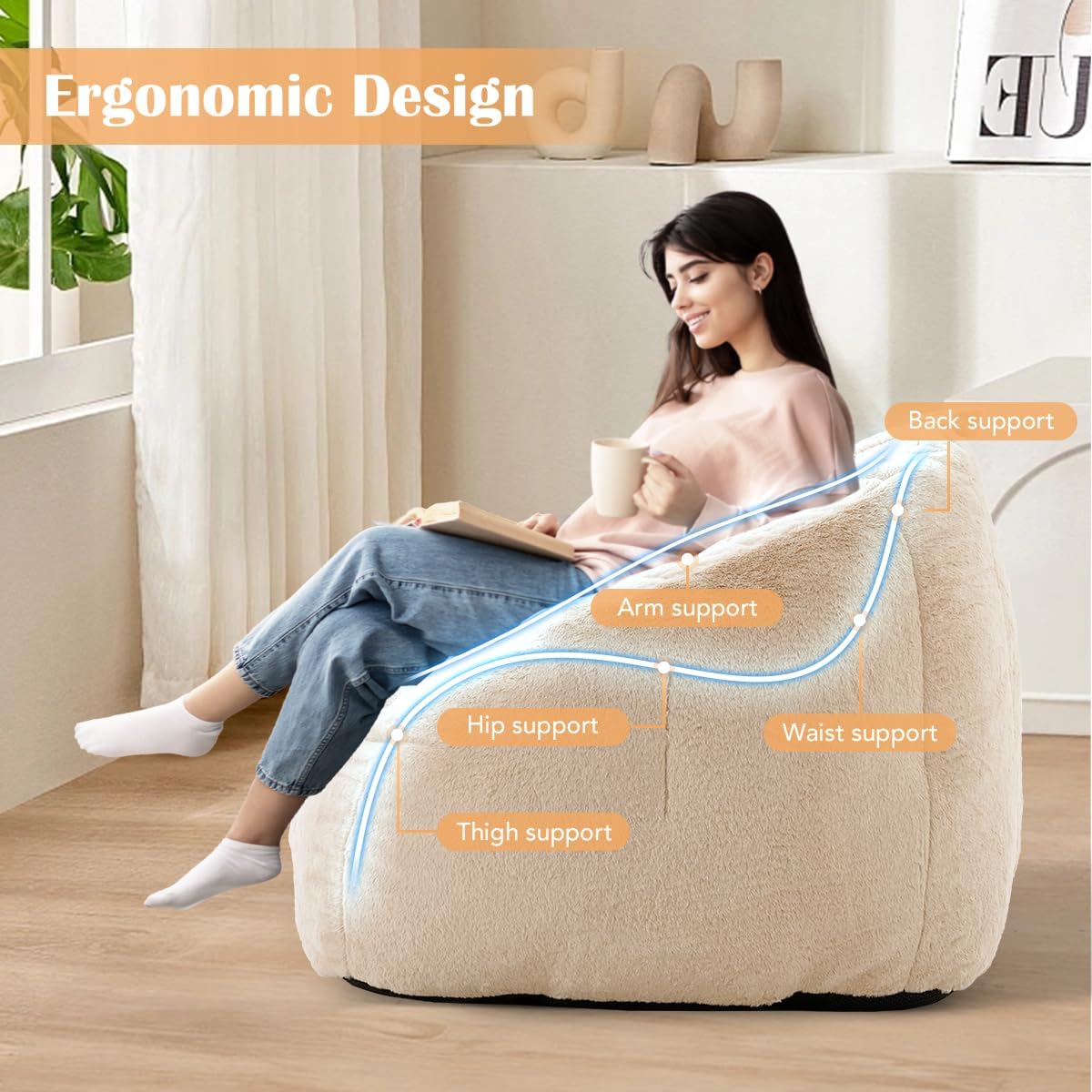 Giant Bean Bag Chair, Lazy Sofa Bean Bag for Teens Adults, Shell Shaped Big Comfy Sofa with Armrests for Bedroom Living Room, Bean Bag Lazy Chair for Gaming, Reading - Beige