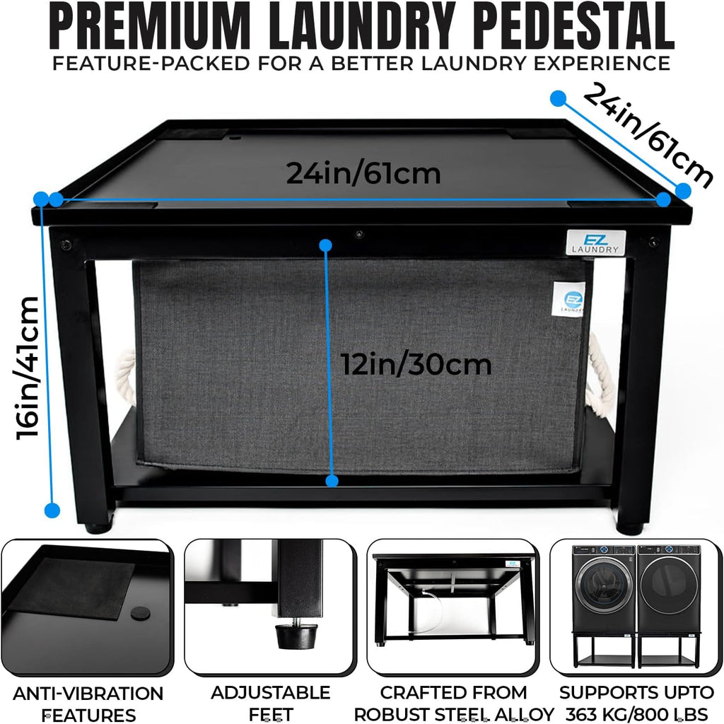 Washer and Dryer Pedestal - 24' W, 16' H, Black Steel Universal Fit with Major Brands, Leak-Proof Laundry Pedestal with Drain Pan & Hose, Washer and Dryer Stand for Back Pain Relief, 800 lbs Capacity