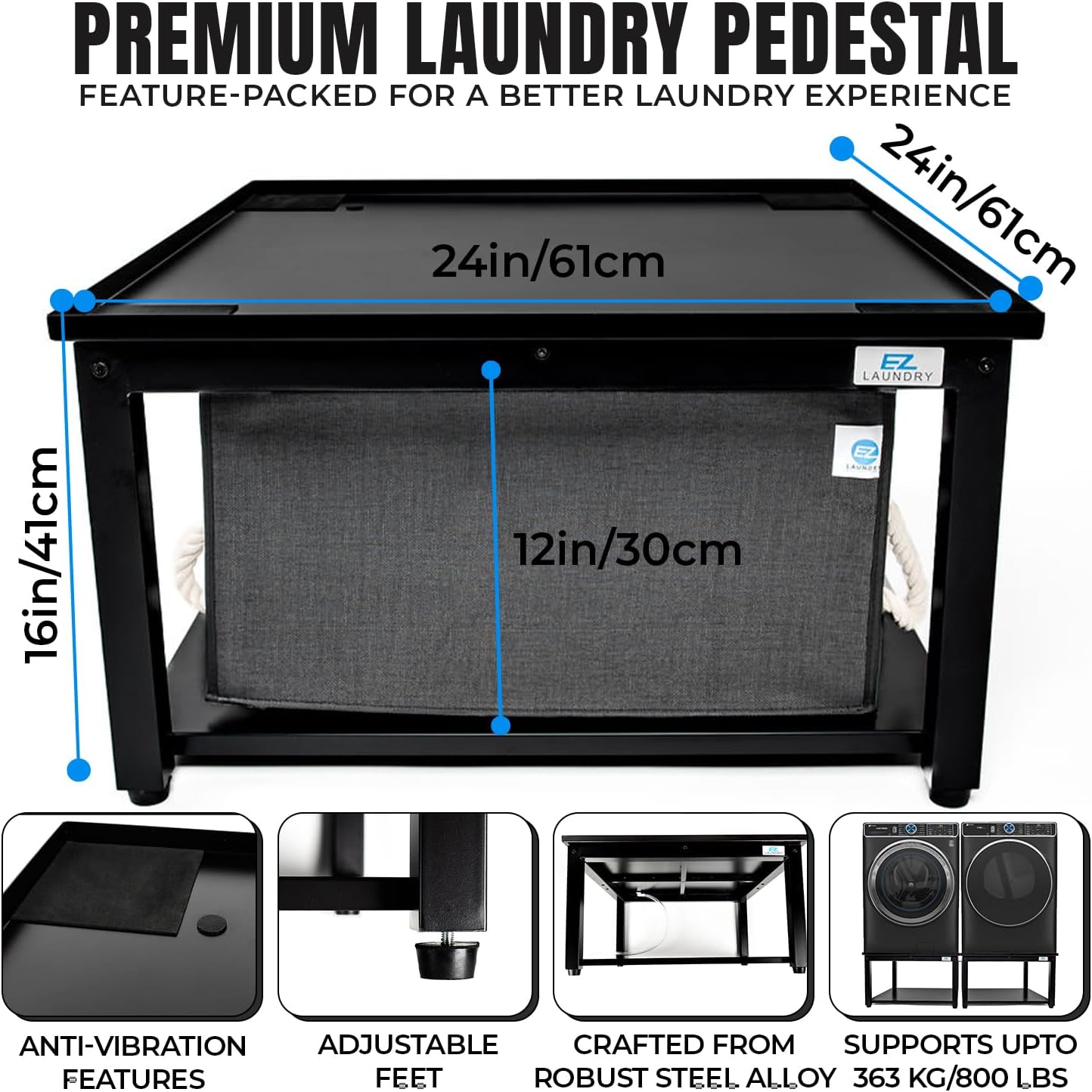 Washer and Dryer Pedestal - 24' W, 16' H, Black Steel Universal Fit with Major Brands, Leak-Proof Laundry Pedestal with Drain Pan & Hose, Washer and Dryer Stand for Back Pain Relief, 800 lbs Capacity