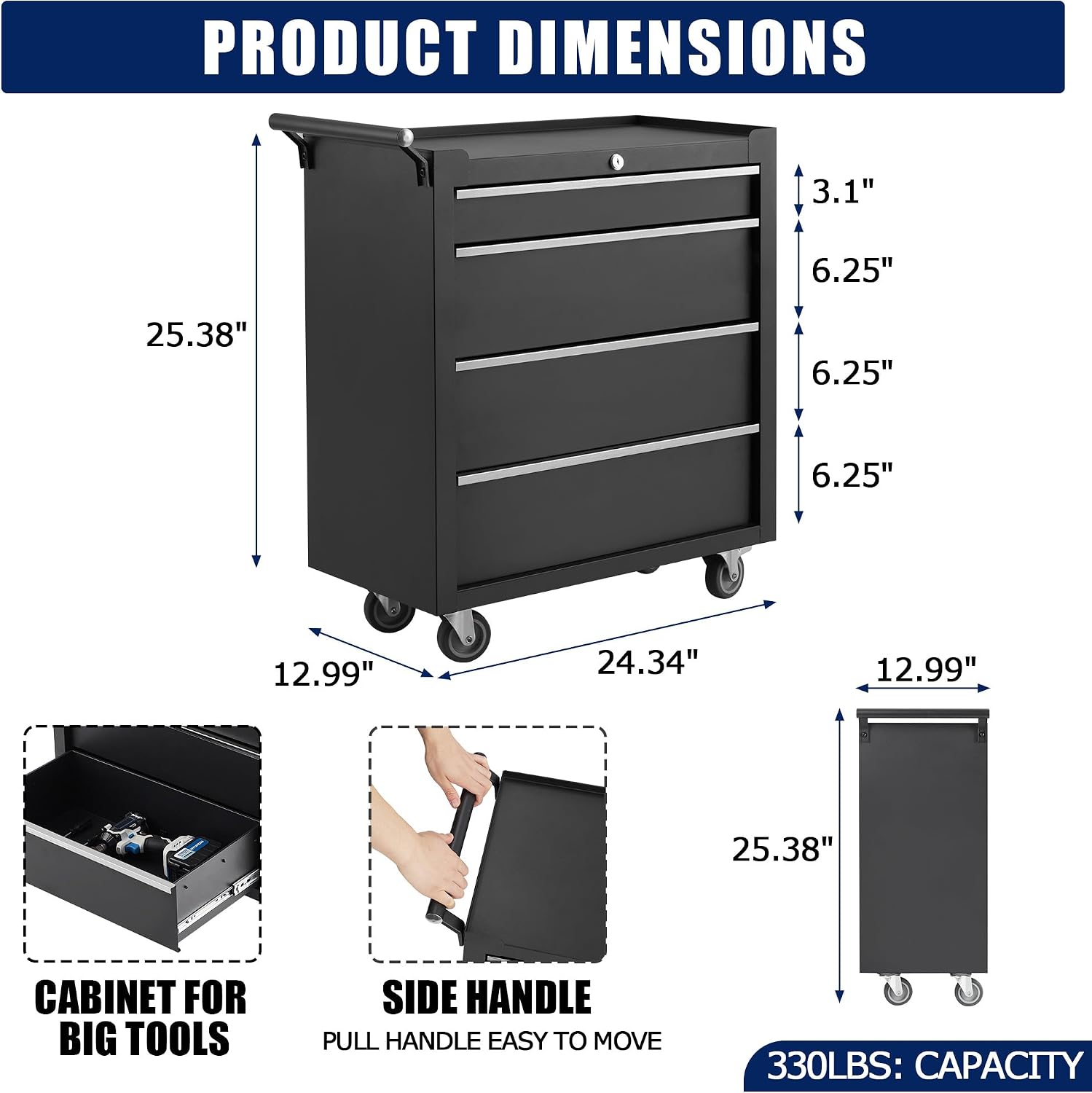 4-Drawer Rolling Tool Chest, Rolling Tool Box with Wheels and Lock System, Portable Mobile Tool Storage Cabinet for Garage, Workshop, Mechanics and Repair Room