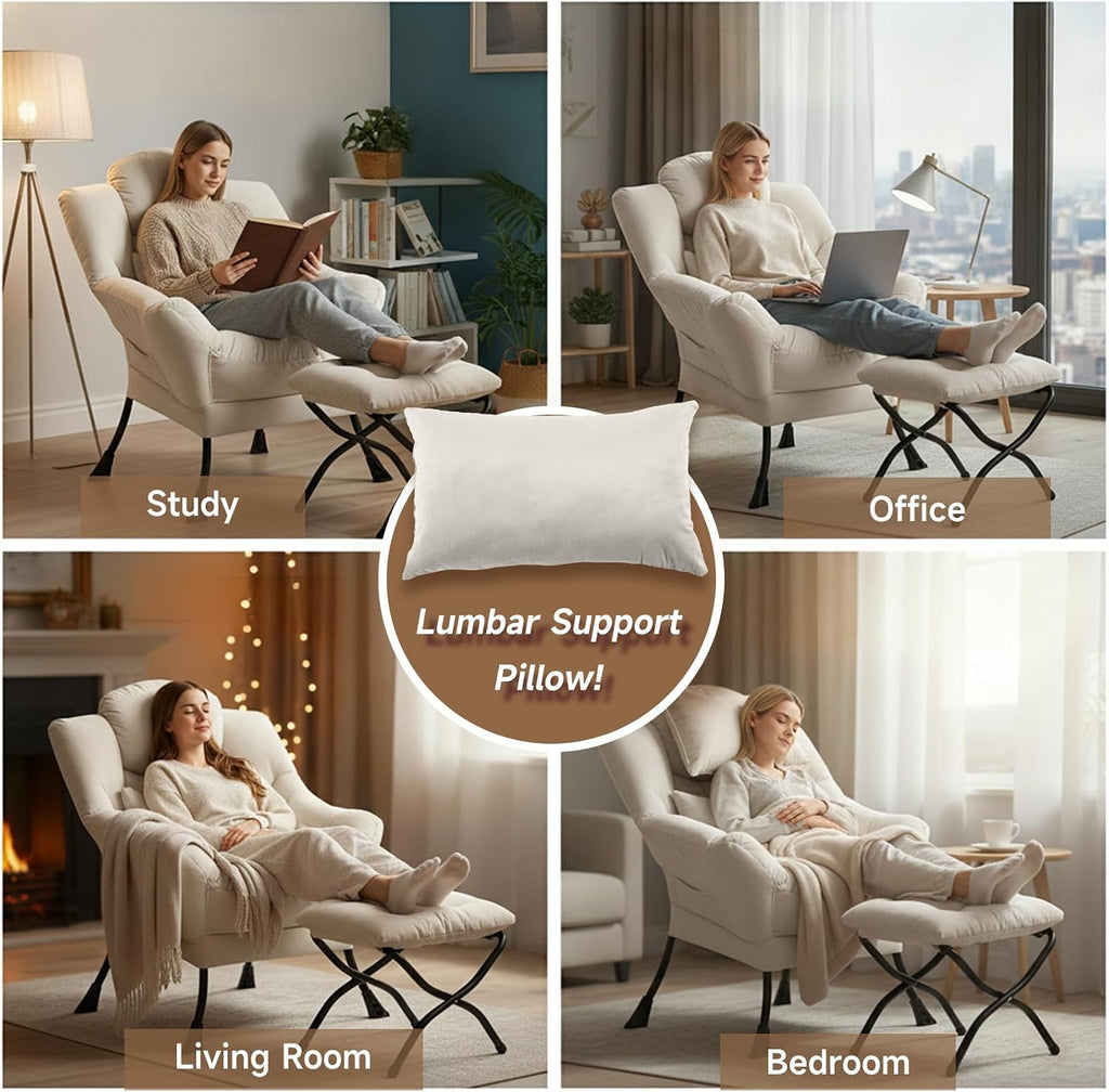 Lazy Chair with Ottoman, Modern Accent Chair with Lumbar Pillow, Beige Sofa, Armchairs with Folding Footrest, Oversized Supportive Chairs for Bedroom, Reading