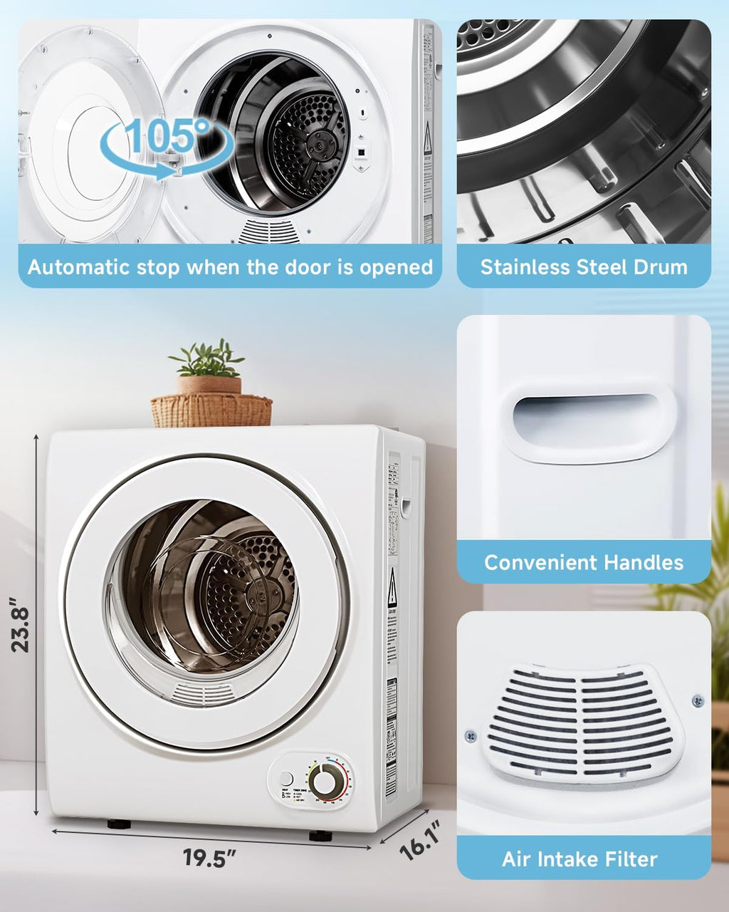 Feelfunn 110V Portable Dryer – 850W Compact Clothes Dryer with 4 Automatic Drying Modes, Stainless Steel Tub, Simple Control Knob for Apartments, Dorms & Small Spaces