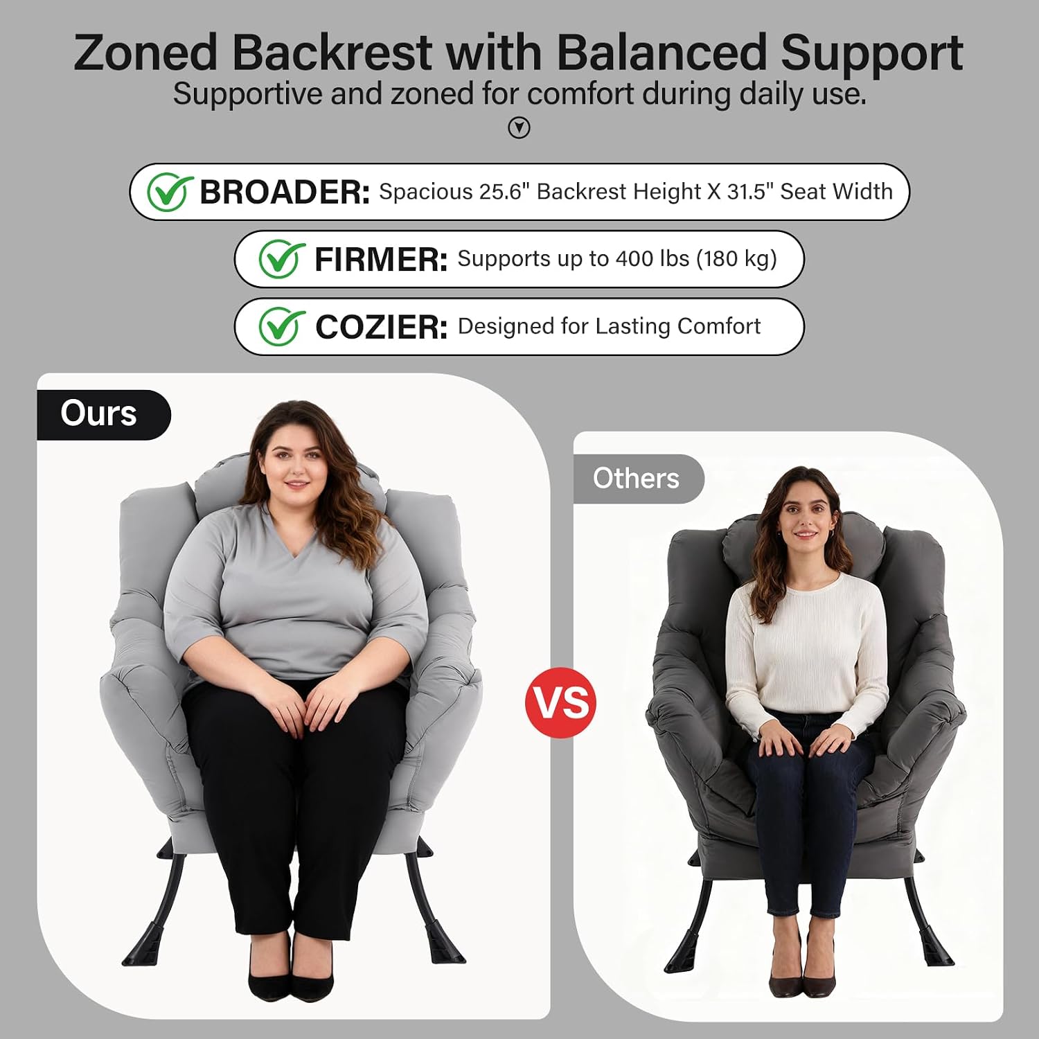 Lazy Chair with Ottoman, Modern Accent Chair with Lumbar Pillow, Grey Sofa, Armchairs with Folding Footrest, Oversized Supportive Chairs for Bedroom, Reading