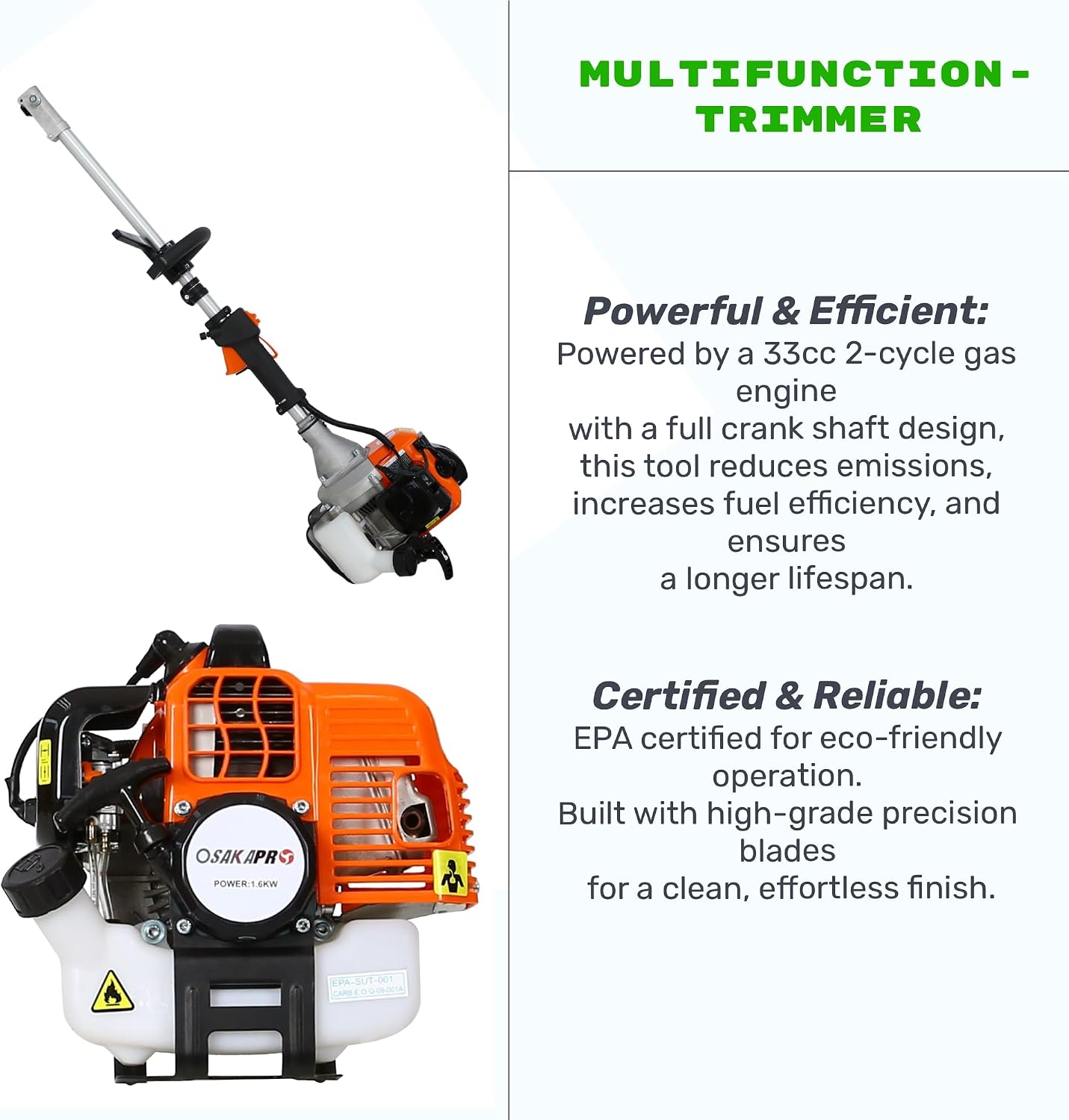 33cc 2-Cycle Gas Multi-Trimmer | 10-in-1 String Trimmer w/Rotatable 40' Pole Saw, Weed Eater Weed Wacker, Brush Cutter & Hedge Trimmer Gas for Lawn, Yard, Garden Care, All-in-one Garden Tool