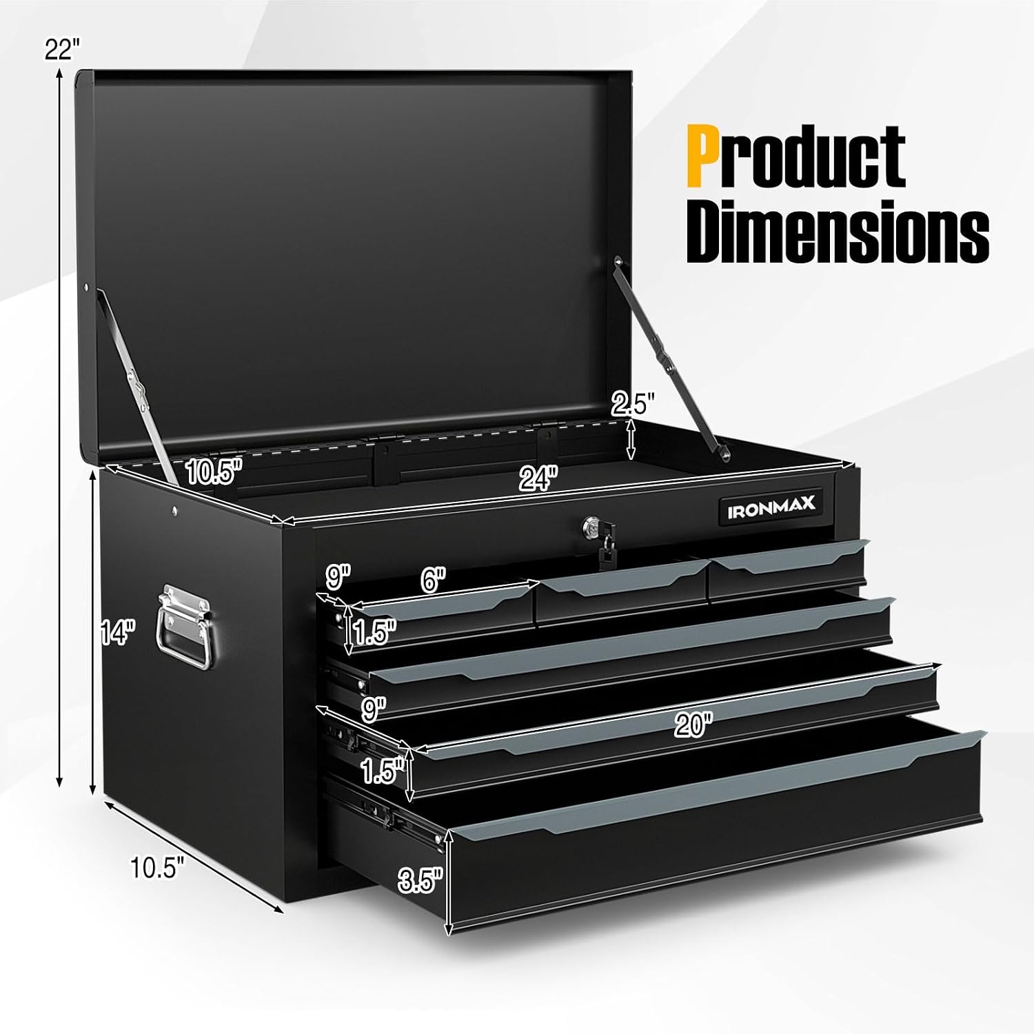 Tool Box, 6-Drawer Steel Tool Chest with Top Storage Automatic Lock & EVA Liner, Portable Tool Storage Organizer for Repair Shop Garage Warehouse (Black)
