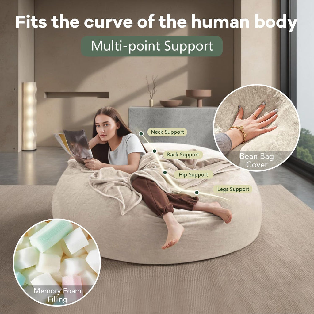 Giant Bean Bag Chairs for Adults,5FT,Bean Bag Chair with Filler Included,Highly Resilient Memory Foam Chair,Jumbo Bean Bag,Suitable for Bedroom and Dormitory Game Chair. (Apricot, 5 Foot)