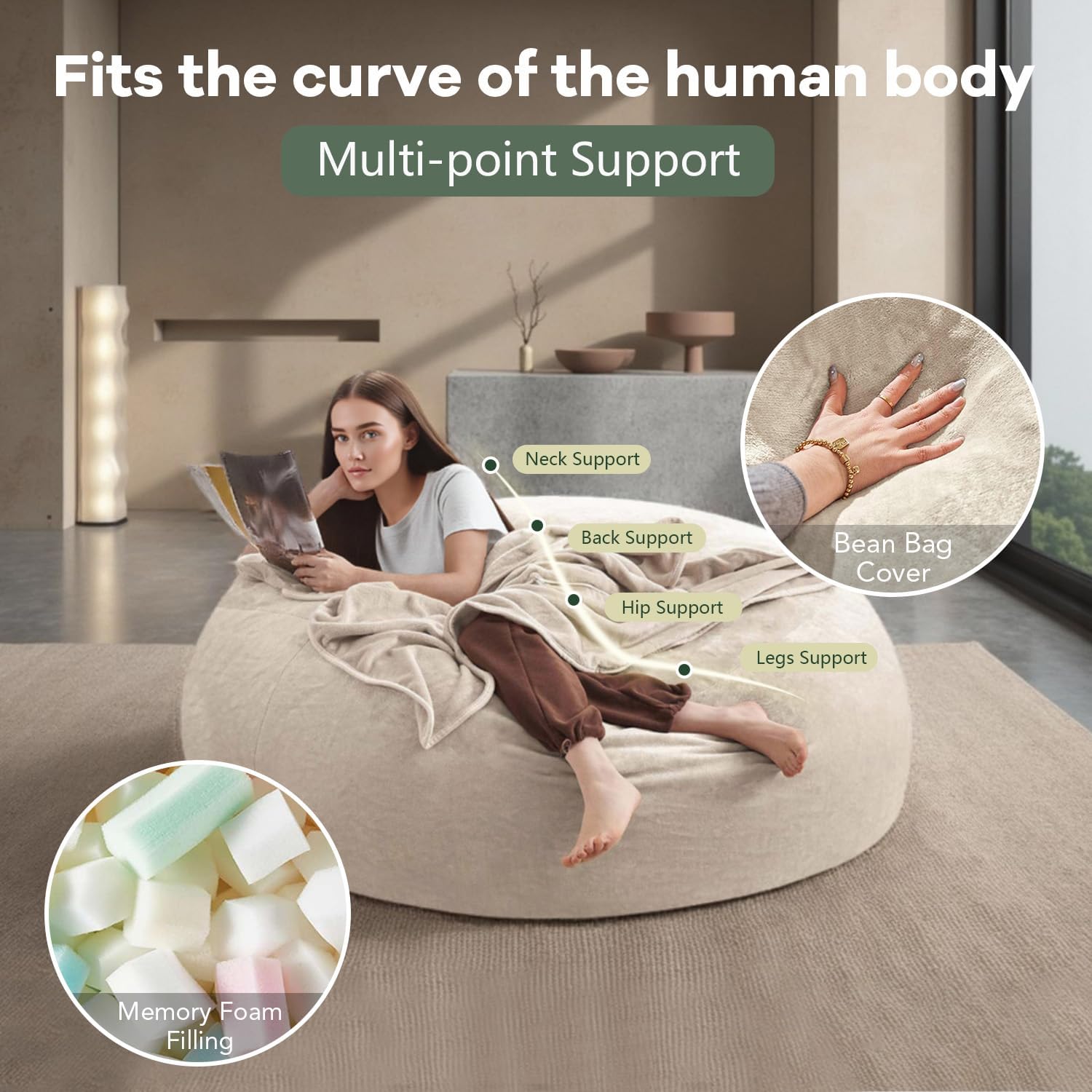 Giant Bean Bag Chairs for Adults,5FT,Bean Bag Chair with Filler Included,Highly Resilient Memory Foam Chair,Jumbo Bean Bag,Suitable for Bedroom and Dormitory Game Chair. (Apricot, 5 Foot)
