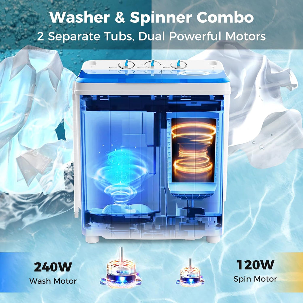 Giantex Portable Washing Machine, 17.6lbs Compact Washer Spinner Combo with Pump Drain, Twin Tub 11lbs Wash & 6.6lbs Spin, Lavadoras Portatiles for Apartment RV Dorm College (White & Blue)