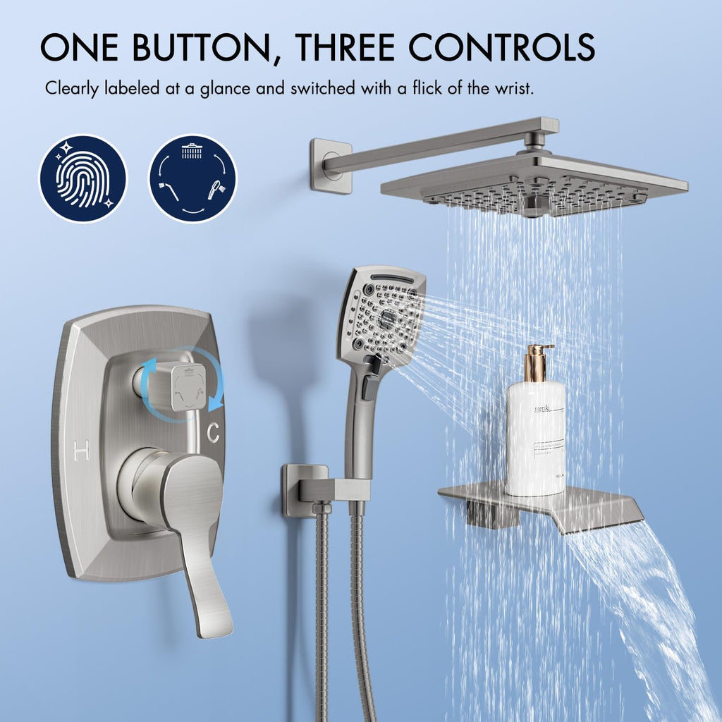 ELLO&ALLO Shower Tub Shower Faucet Set Brushed Nickel Mixing Valve and Trim Kit, Rainfall Waterfall Shower Head with Handheld Combo
