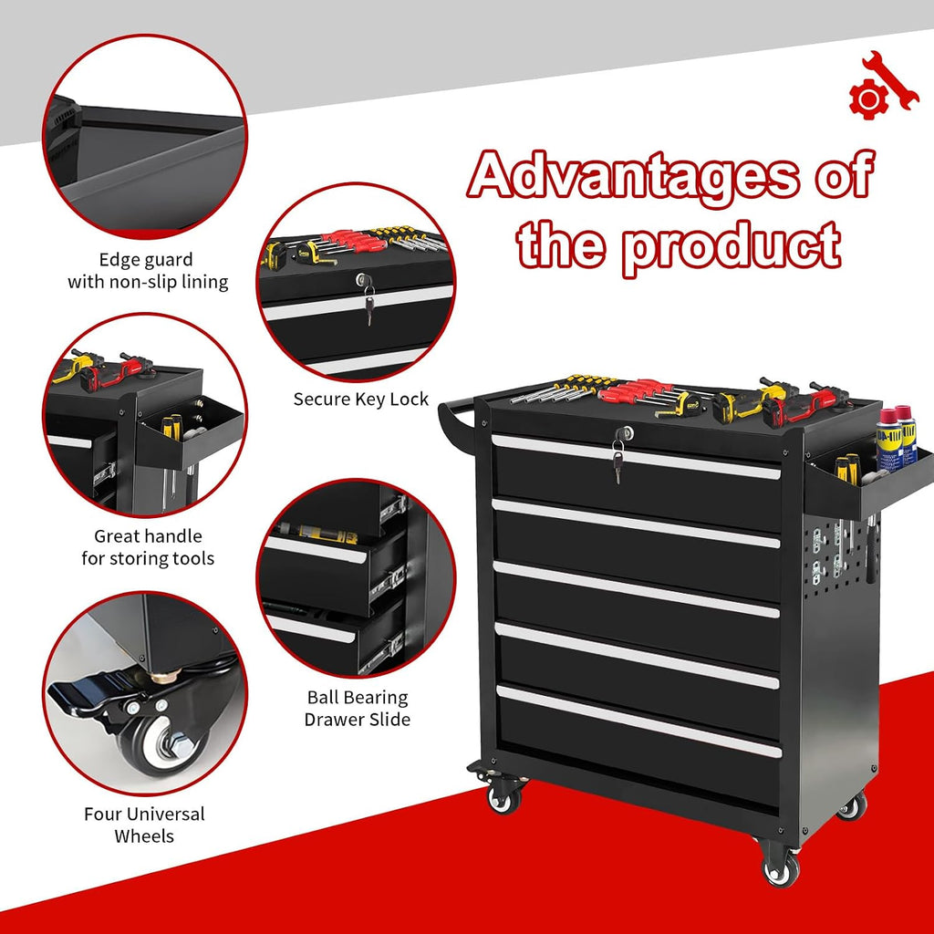 Rolling Tool Chest with Wheels, 5 Drawers Tool Storage Cabinet, Portable Metal Tool Box Organizer with Lock, Tool Cart on Wheels Toolbox Workbench for Garage, Workshop, Warehouse(Required Assembly)