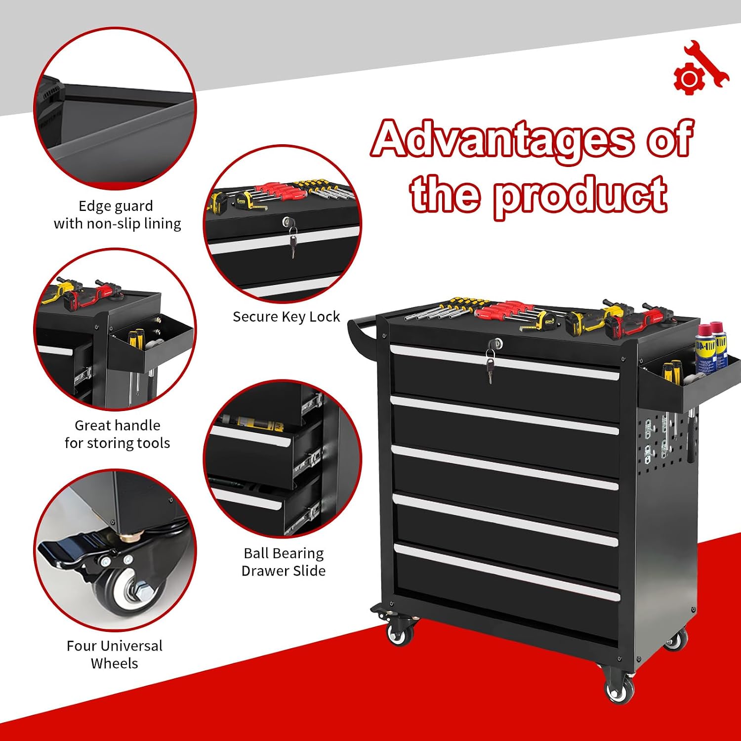 Rolling Tool Chest with Wheels, 5 Drawers Tool Storage Cabinet, Portable Metal Tool Box Organizer with Lock, Tool Cart on Wheels Toolbox Workbench for Garage, Workshop, Warehouse(Required Assembly)