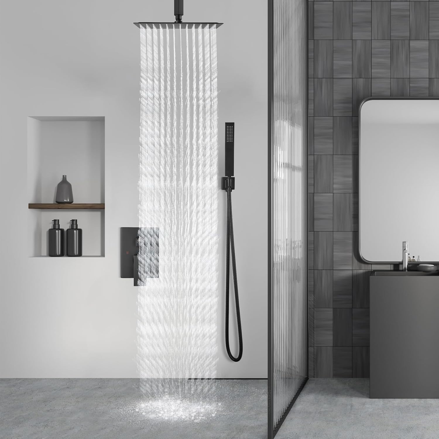 Aolemi Matte Black Ceiling Mount Rain Shower Head with Handheld Spray and High Pressure Faucet Set, Includes 16 Inch Shower Head and Trim Kit
