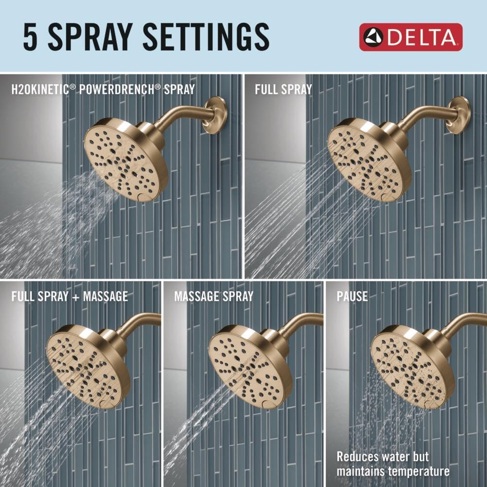 Delta Nicoli 14 Series H2Okinetic Shower Faucet Set, Brushed Gold Shower Head and Handle Set, Valve Trim Kit, Champagne Bronze 142749-CZ (Shower Valve Included)