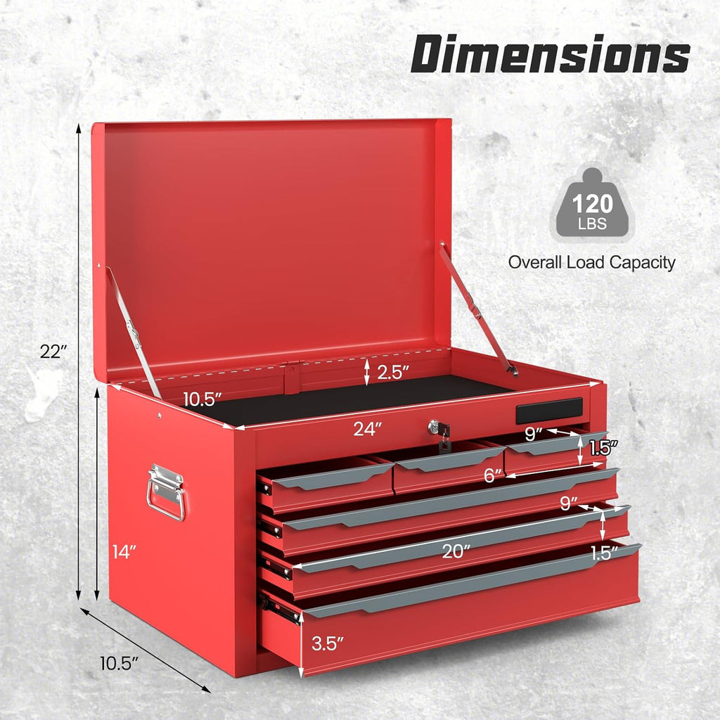 Large Metal Tool Box, ARNOT Tool Box with 6 Drawers & Top Tray, Heavy-Duty Steel Tool Chest with Auto-Locking Drawers and Side Handles for Garage & Workbench, Black (Red)