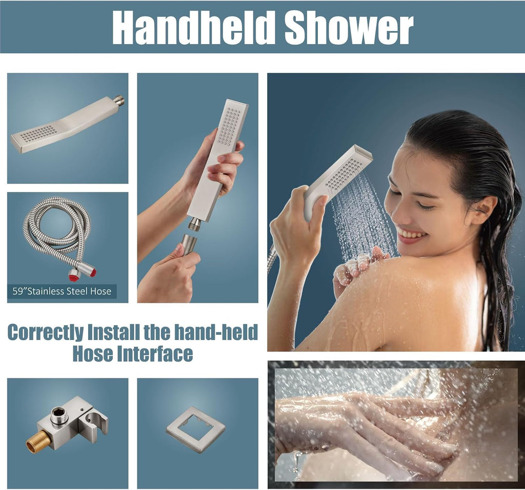 Aolemi Rainfall Shower System Shower Head Combo Set with Tub Filler Handheld Shower Luxury Rough-in Valve Included Wall Mount Bathroom Shower Mixer Faucet 8 Inch Shower Head Brushed Nickel