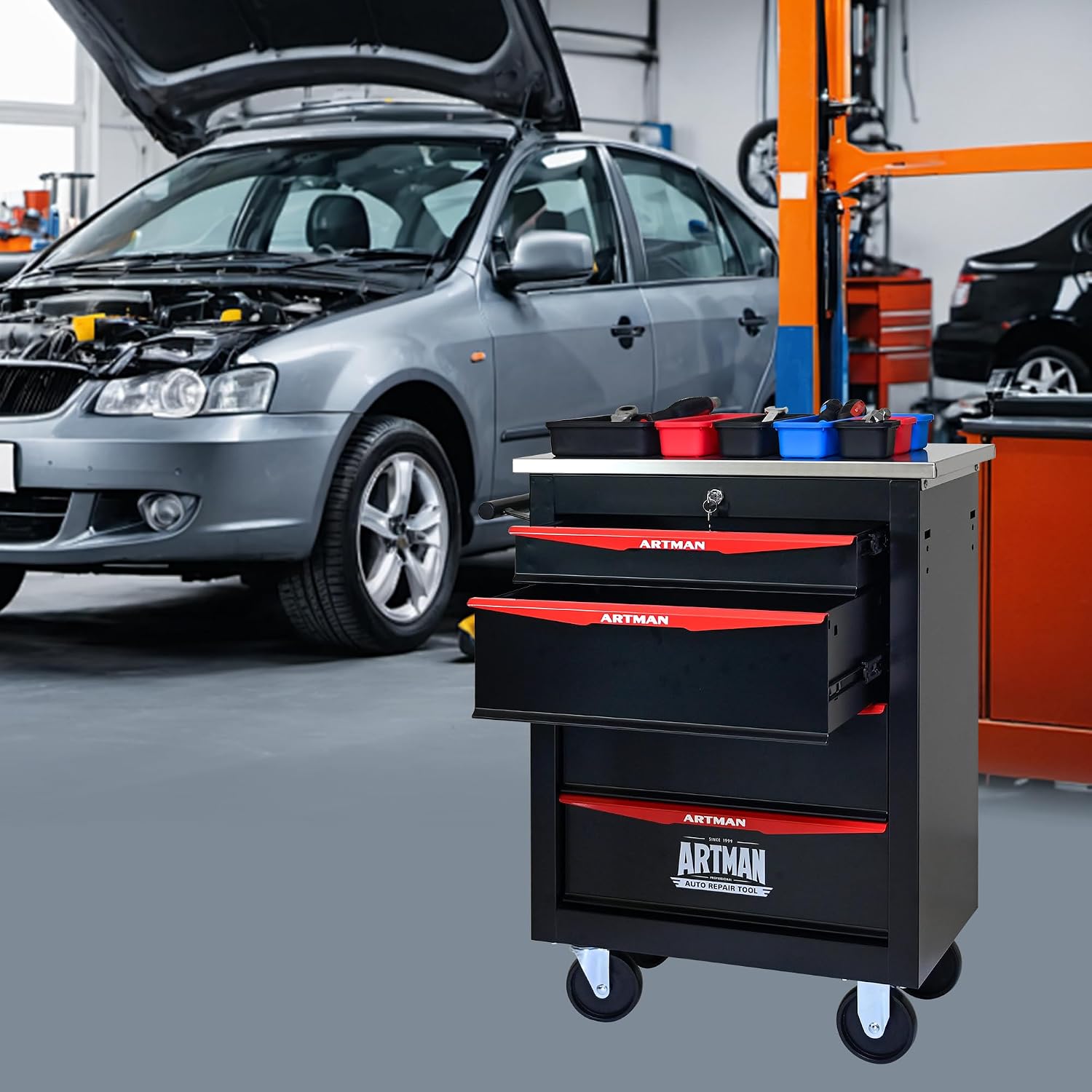 Campfun Tool Chest with Wheels 4 Drawers Rolling Tool Box, Metal Tool Cart with Extra 7 Tool Storage Boxes, Tool Chest Workbench Tool Storage Cabinet for Garage Workshop Warehouse Repair Shop