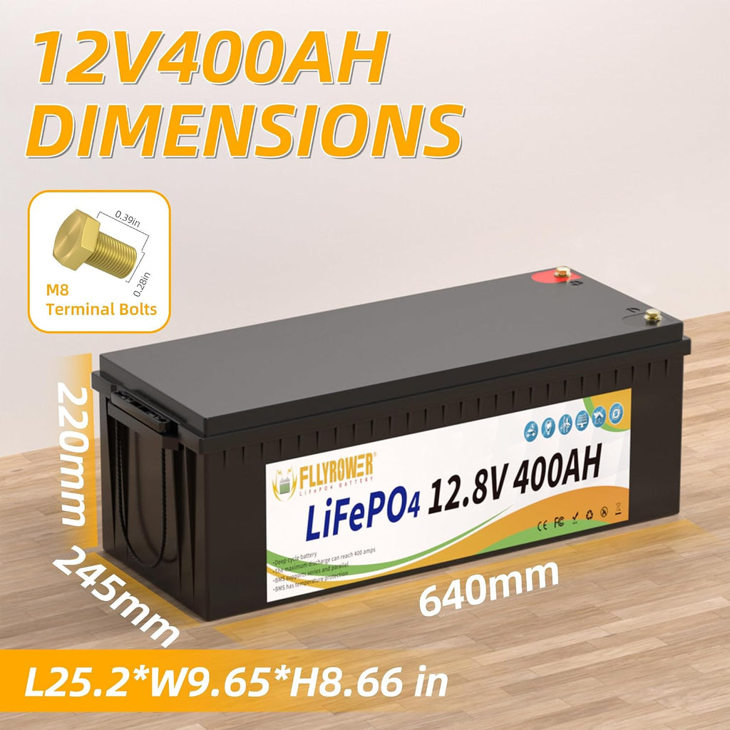 FLLYROWER 12V Lithium Battery 400AH with BMS and 16500 Deep Cycles 12V 400AH Lifepo4 Battery Grade A Cells for Marine Trolling Motor RV Camping Solar Golf Cart Off-Grid