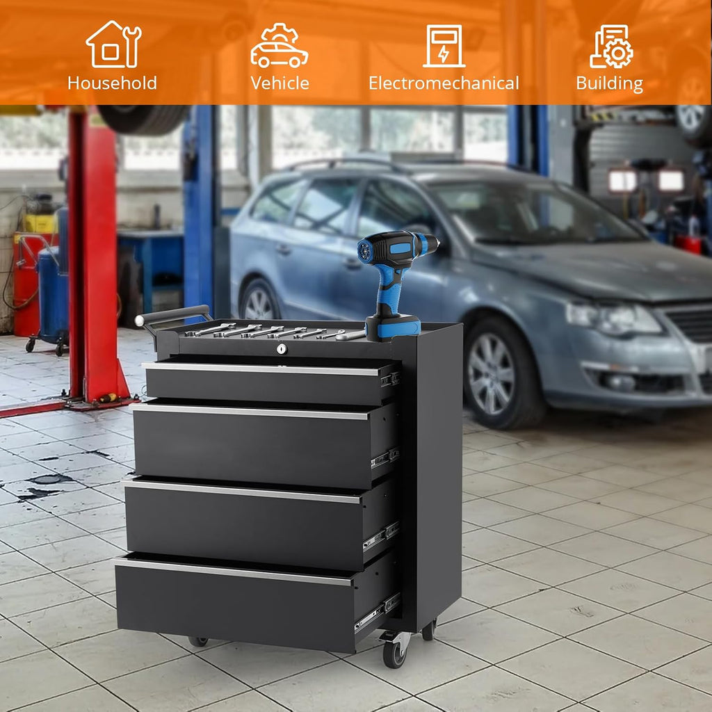 4 Compartment Tool Box 4 Compartment Tool Cart with Drawers Mobile Tool Cabinet with Key Lock and Drawer Liner Black 4 Compartment Drawer for Garages, Warehouses, Workshops and Repair Shops