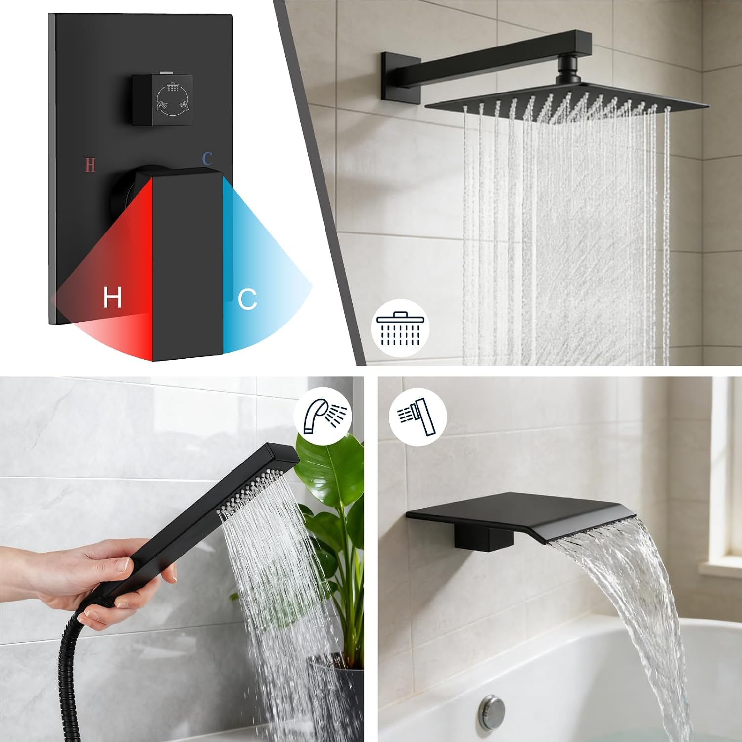 Midanya Shower System with Tub Spout,Bathtub Shower Faucet Set with Square Rainfall Head and Handheld Sprayer Wall Mount Tub Faucet Set with Valve and Trim Kit,12 Inch Matte Black
