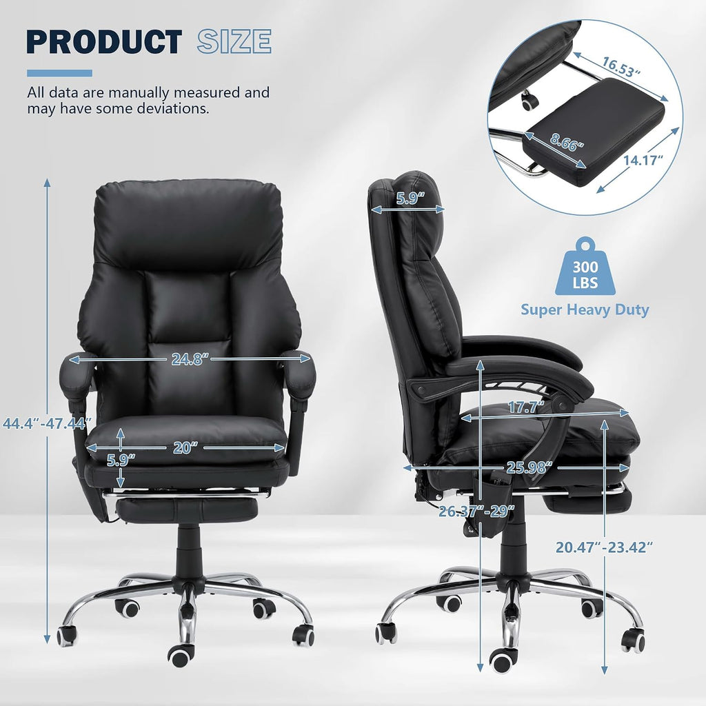 HOMREST Ergonomic Office Chair with 6-Point Massage & Heating, Adjustable Executive Desk Chairs with Retractable Footrest, PU Leather Home Office Desk Chair for Home & Office (Black)