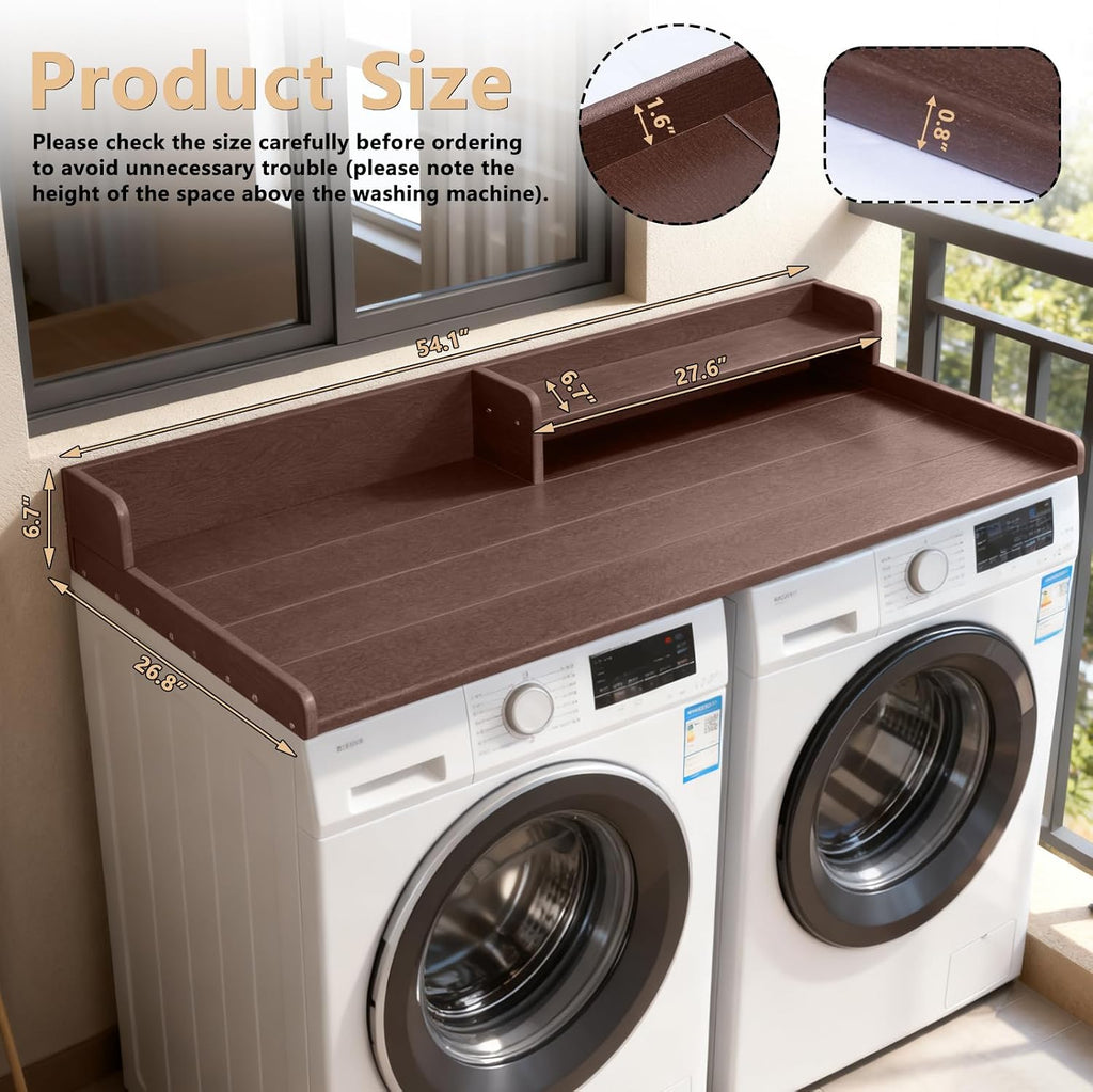 Washer and Dryer Countertop with Shelf, HDPE 2-Tier Laundry Countertop, 54' Wide Laundry Machine Topper with 2 Hooks & Non-Slip Pads for Laundry Room Organization and Folding Clothes (Brown)